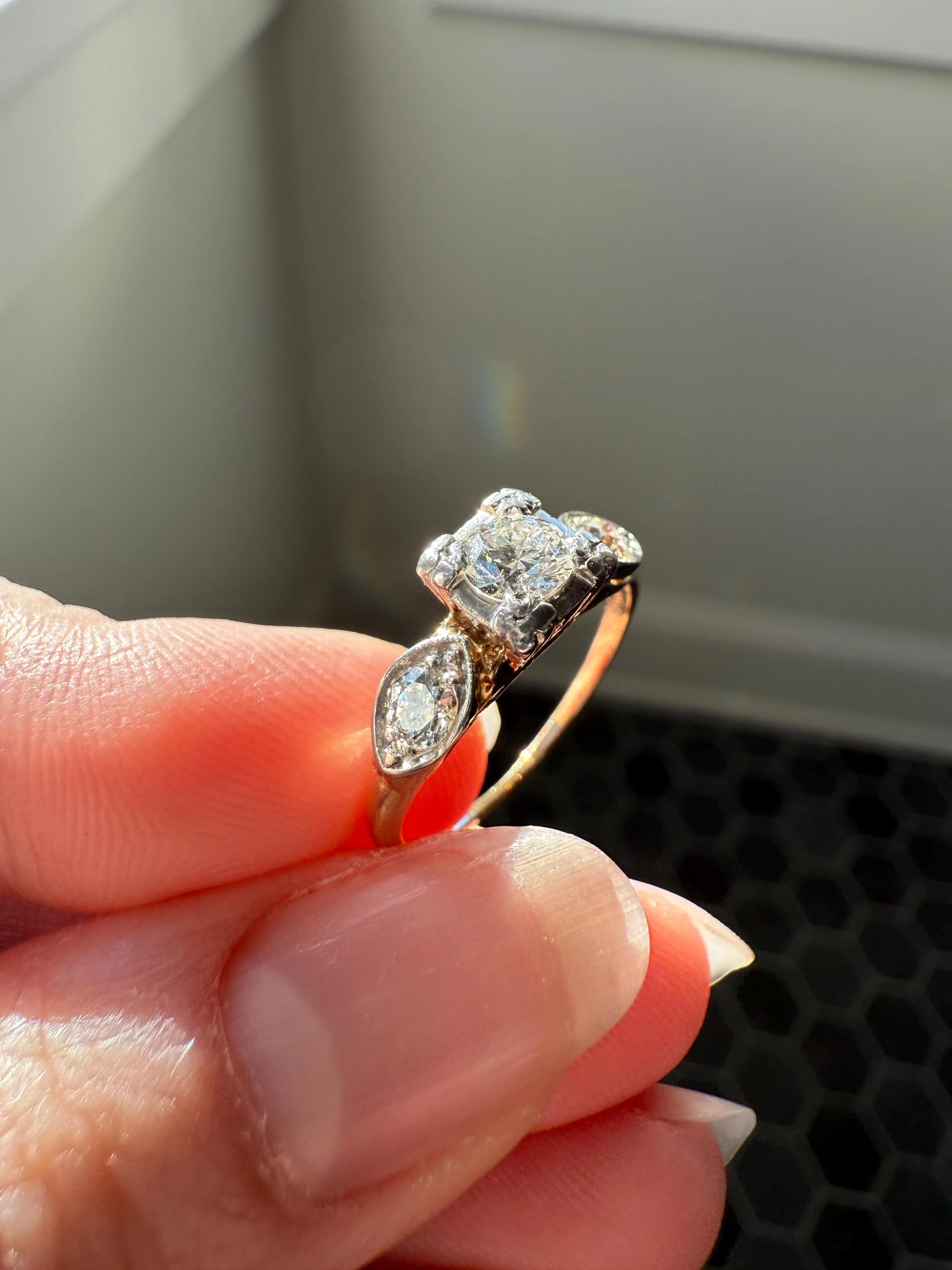 Old European Cut Diamond .75 Carat Tdw Three Stone Ring Solitaire with Accents Engagement Ring 14k Gold Platinum Edwardian Art Deco - Image 11