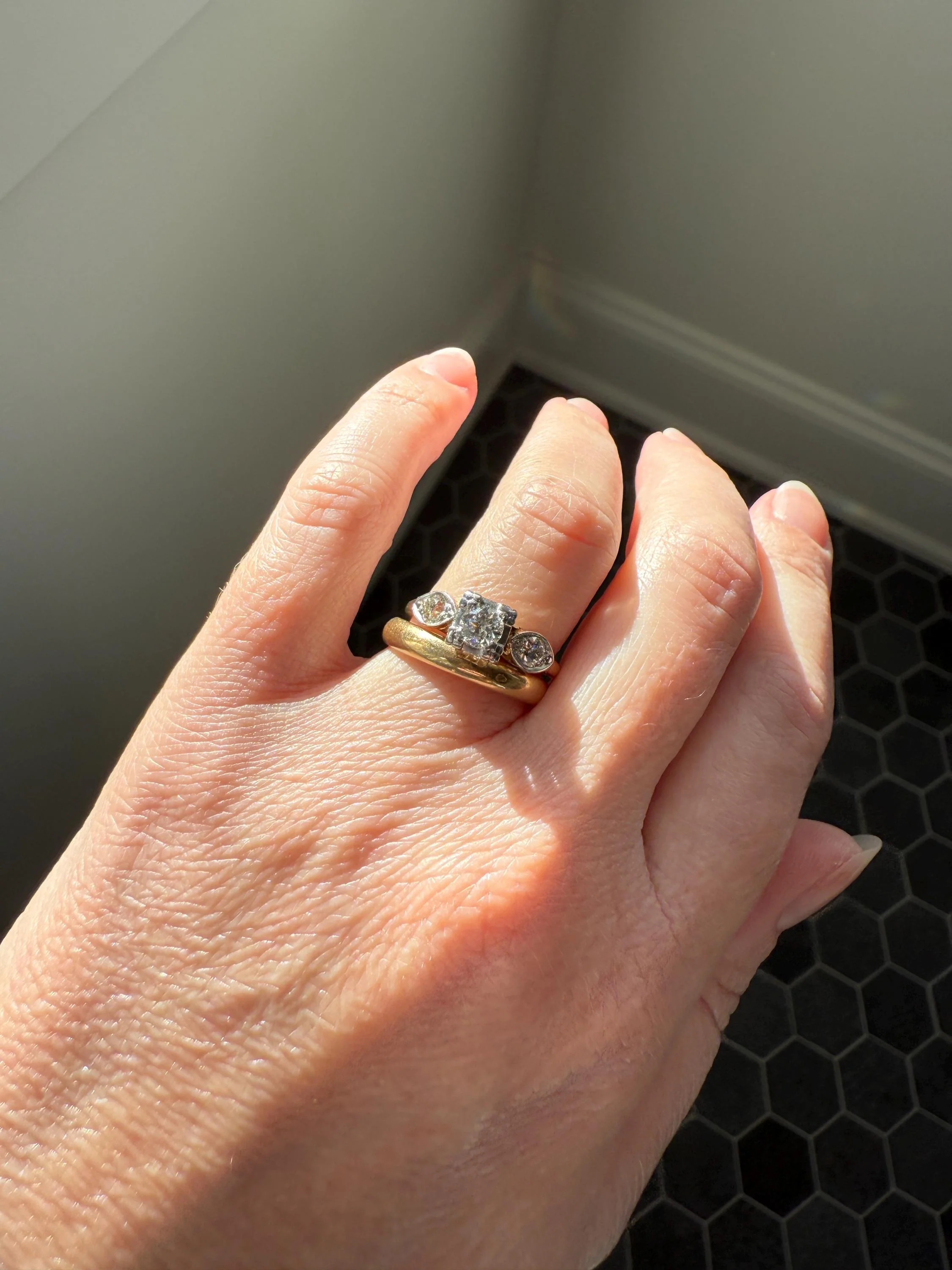 Old European Cut Diamond .75 Carat Tdw Three Stone Ring Solitaire with Accents Engagement Ring 14k Gold Platinum Edwardian Art Deco - Image 2