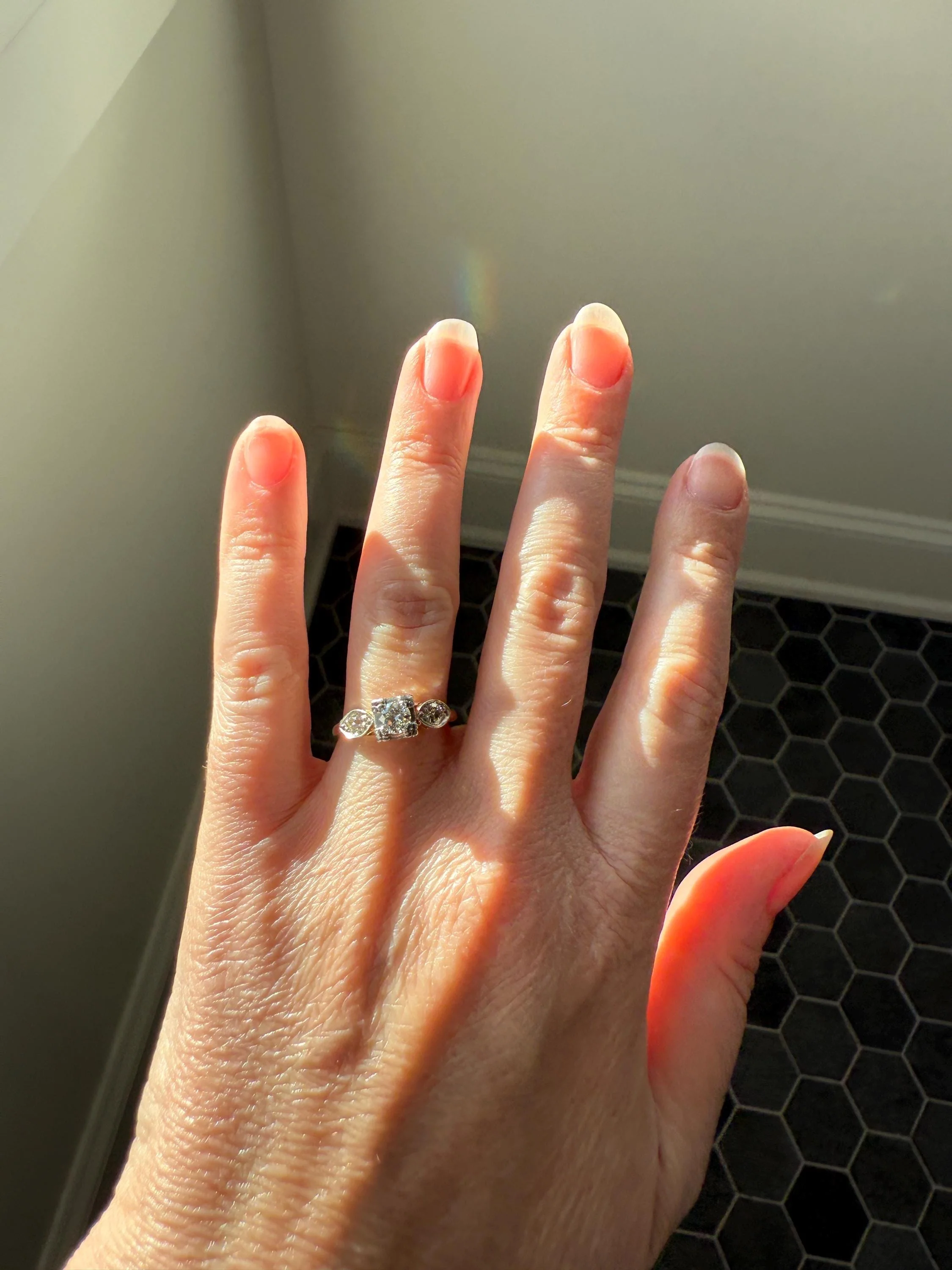 Old European Cut Diamond .75 Carat Tdw Three Stone Ring Solitaire with Accents Engagement Ring 14k Gold Platinum Edwardian Art Deco - Image 4