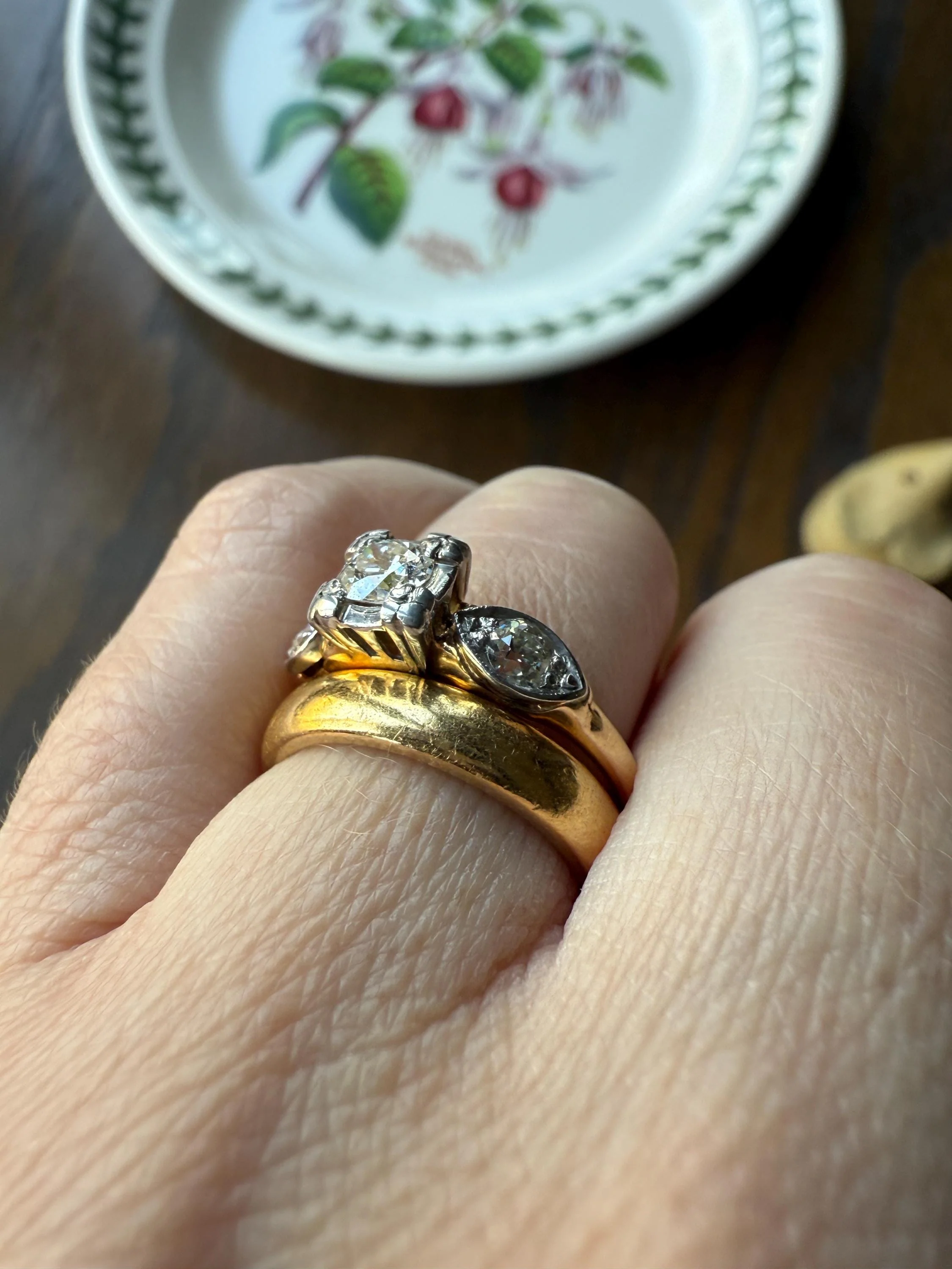 Old European Cut Diamond .75 Carat Tdw Three Stone Ring Solitaire with Accents Engagement Ring 14k Gold Platinum Edwardian Art Deco - Image 6