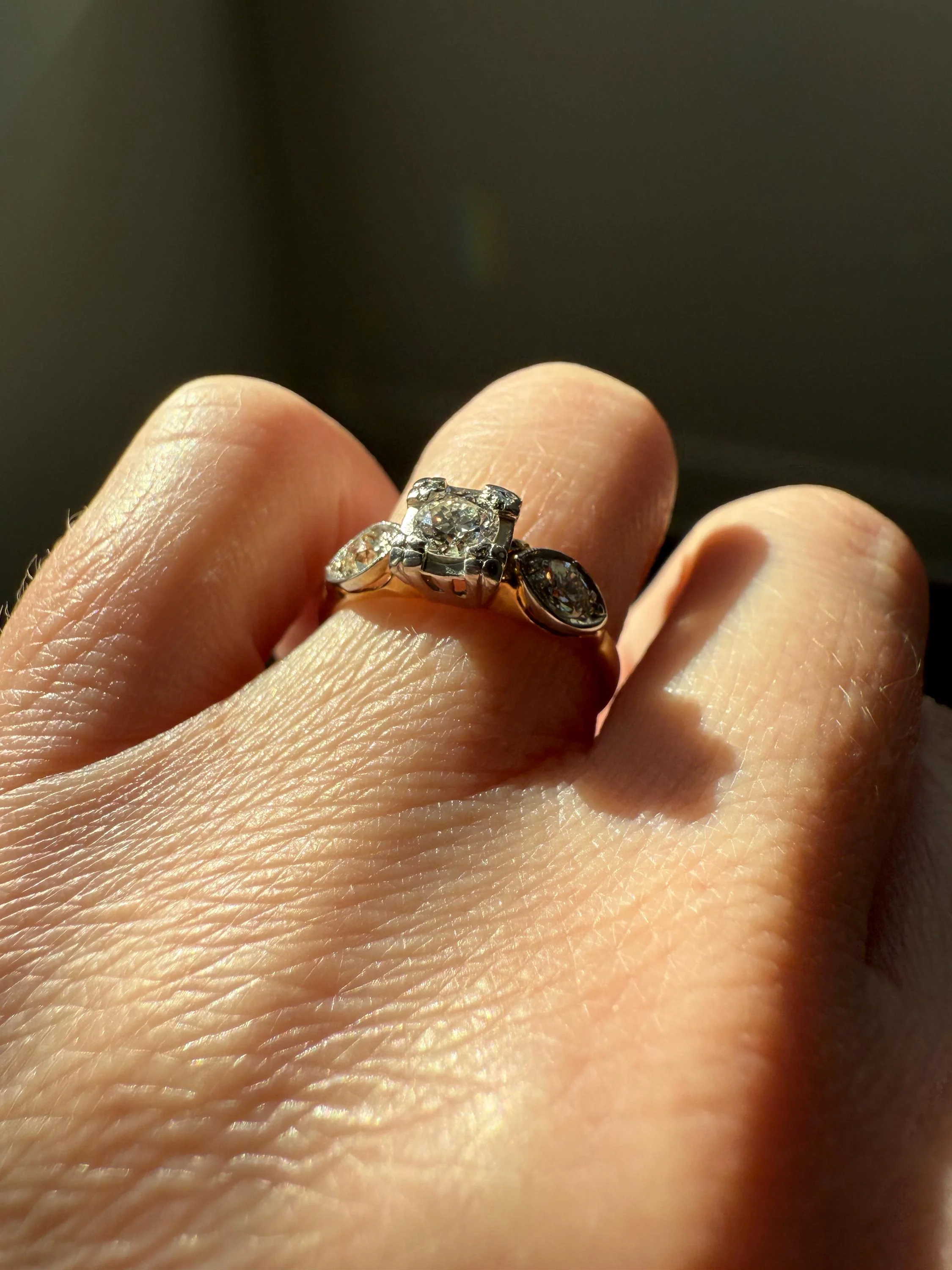 Old European Cut Diamond .75 Carat Tdw Three Stone Ring Solitaire with Accents Engagement Ring 14k Gold Platinum Edwardian Art Deco - Image 7