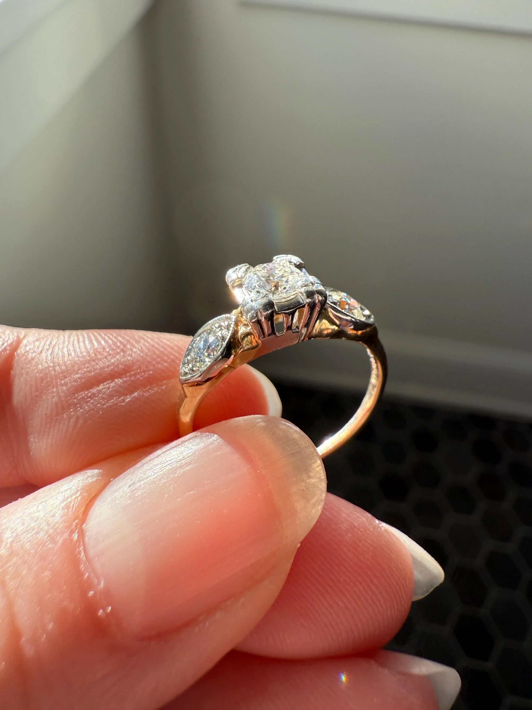 Old European Cut Diamond .75 Carat Tdw Three Stone Ring Solitaire with Accents Engagement Ring 14k Gold Platinum Edwardian Art Deco - Image 8