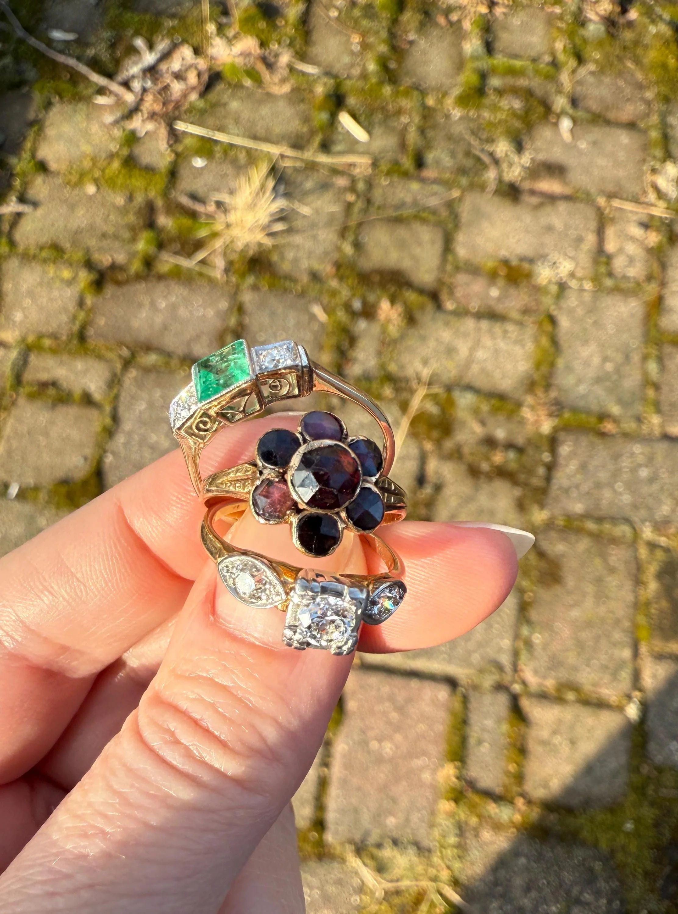Old European Cut Diamond .75 Carat Tdw Three Stone Ring Solitaire with Accents Engagement Ring 14k Gold Platinum Edwardian Art Deco - Image 9