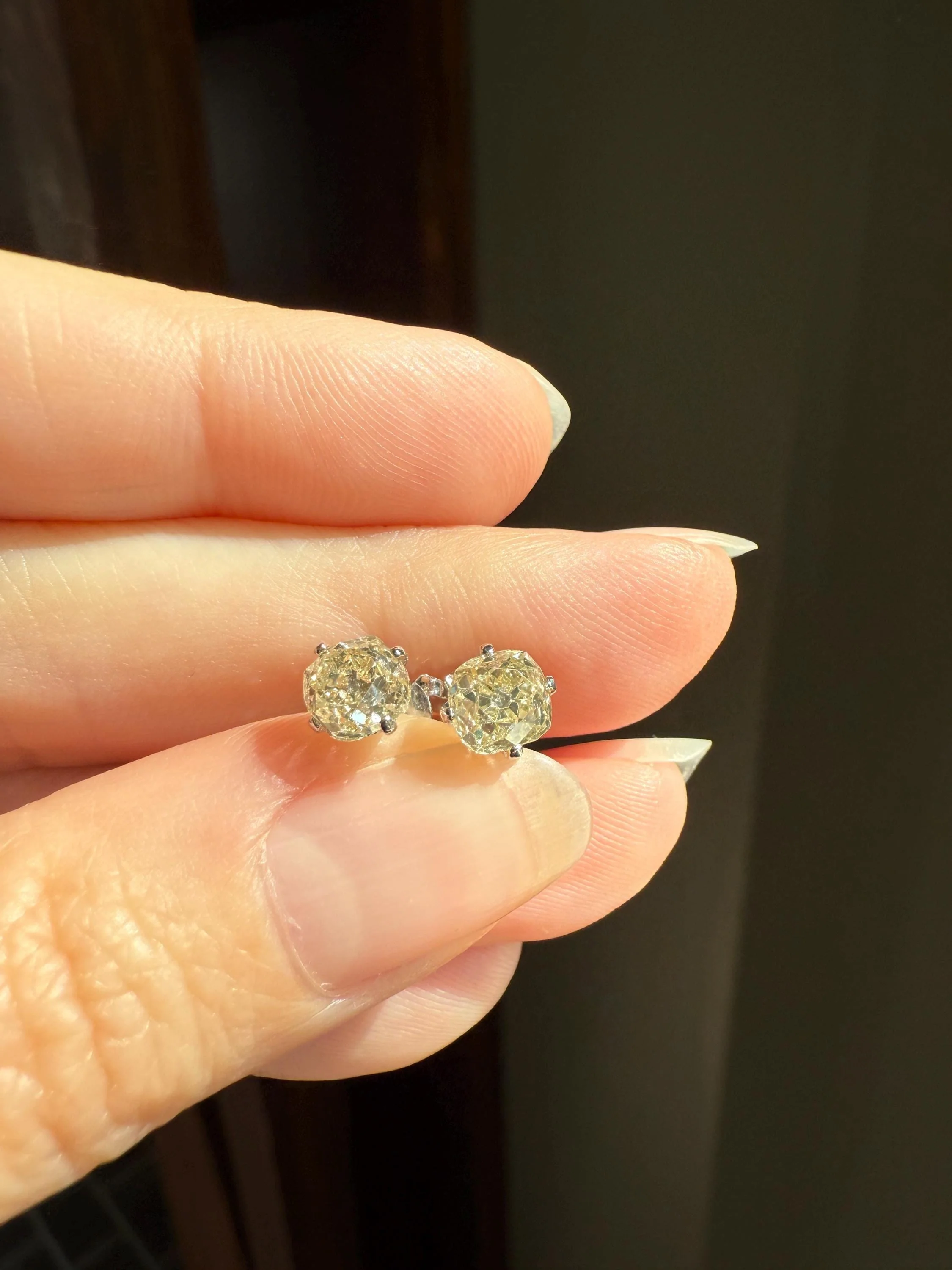 Old Mine Cut 1.3 Carat Tdw DIAMOND Stud Earrings French 18k White GOLD Warm Chunky Antique Stones Later Prong Set - Image 10