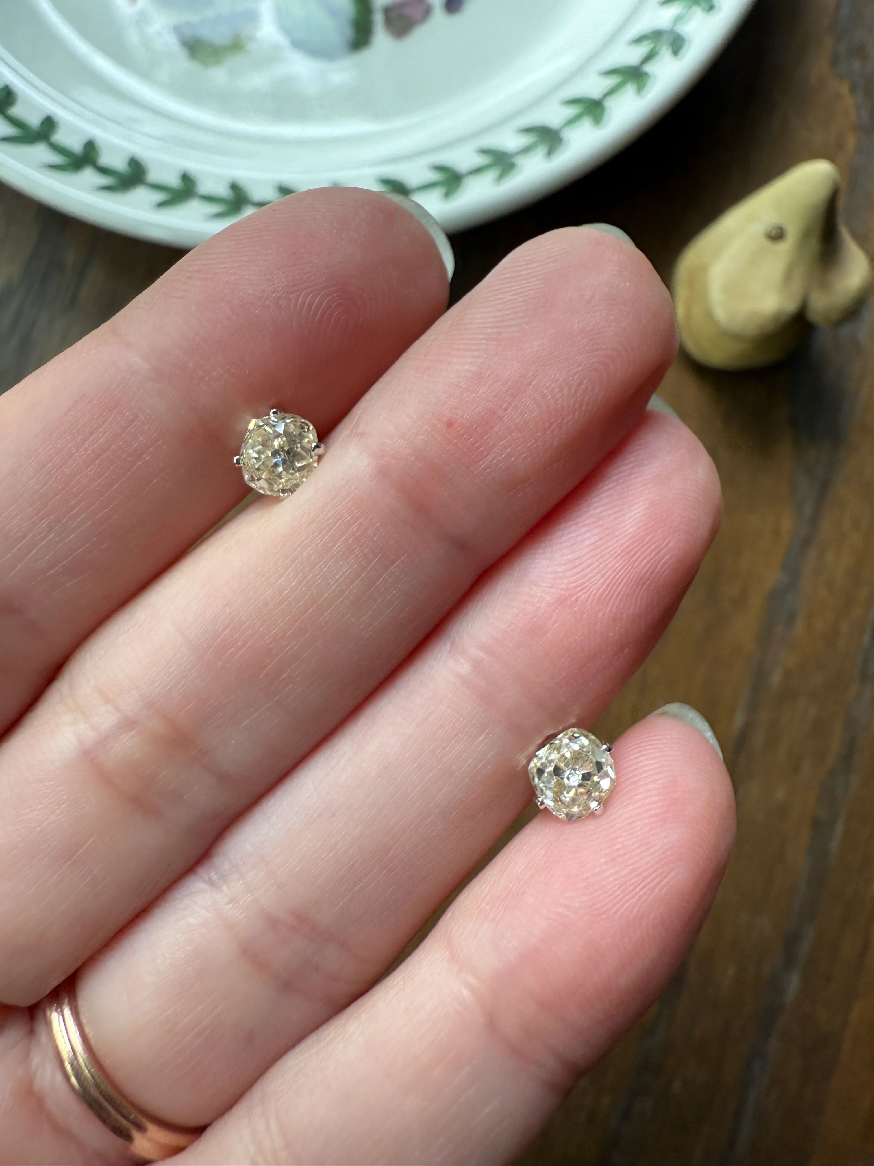 Old Mine Cut 1.3 Carat Tdw DIAMOND Stud Earrings French 18k White GOLD Warm Chunky Antique Stones Later Prong Set - Image 15