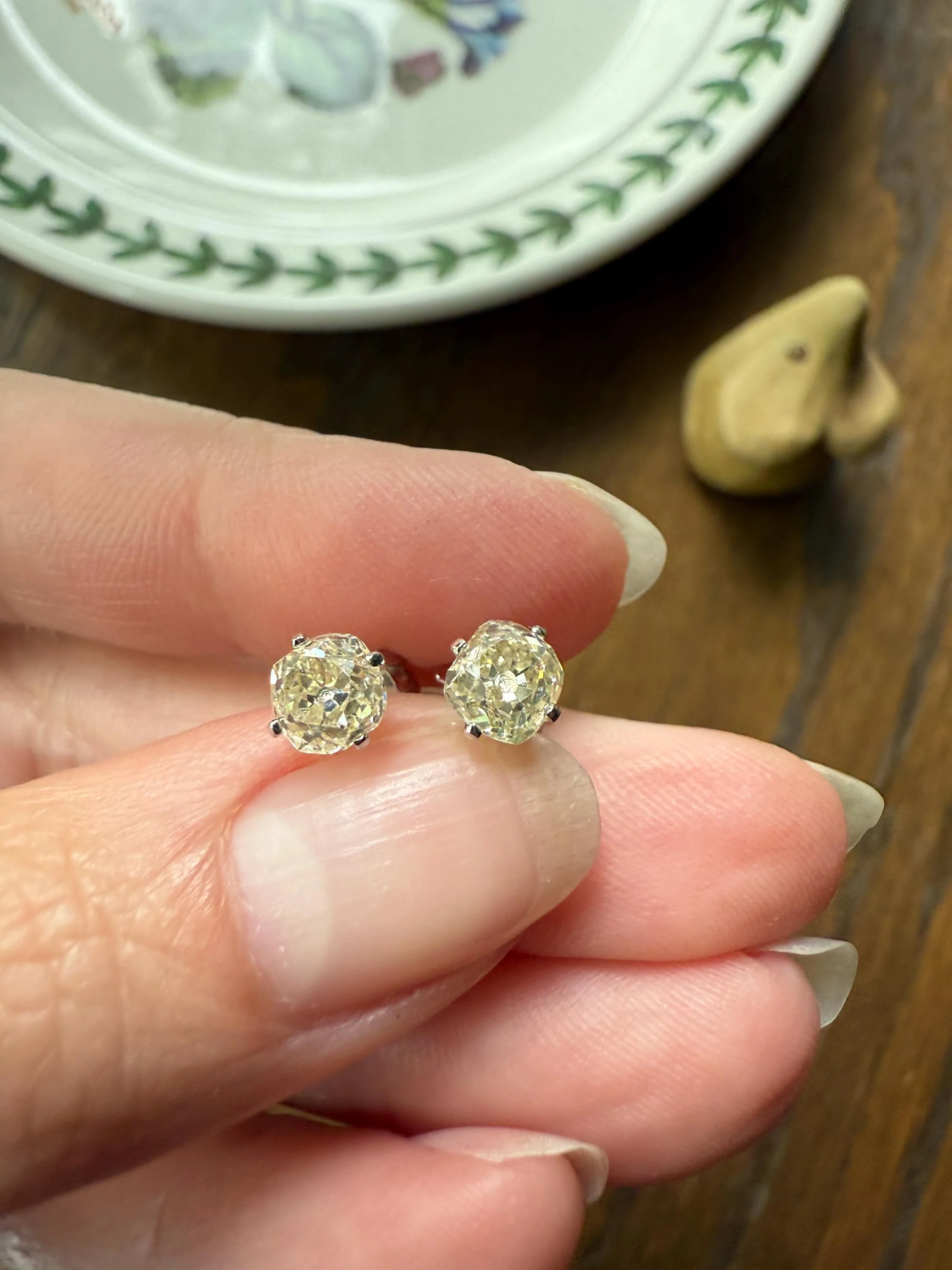 Old Mine Cut 1.3 Carat Tdw DIAMOND Stud Earrings French 18k White GOLD Warm Chunky Antique Stones Later Prong Set - Image 6