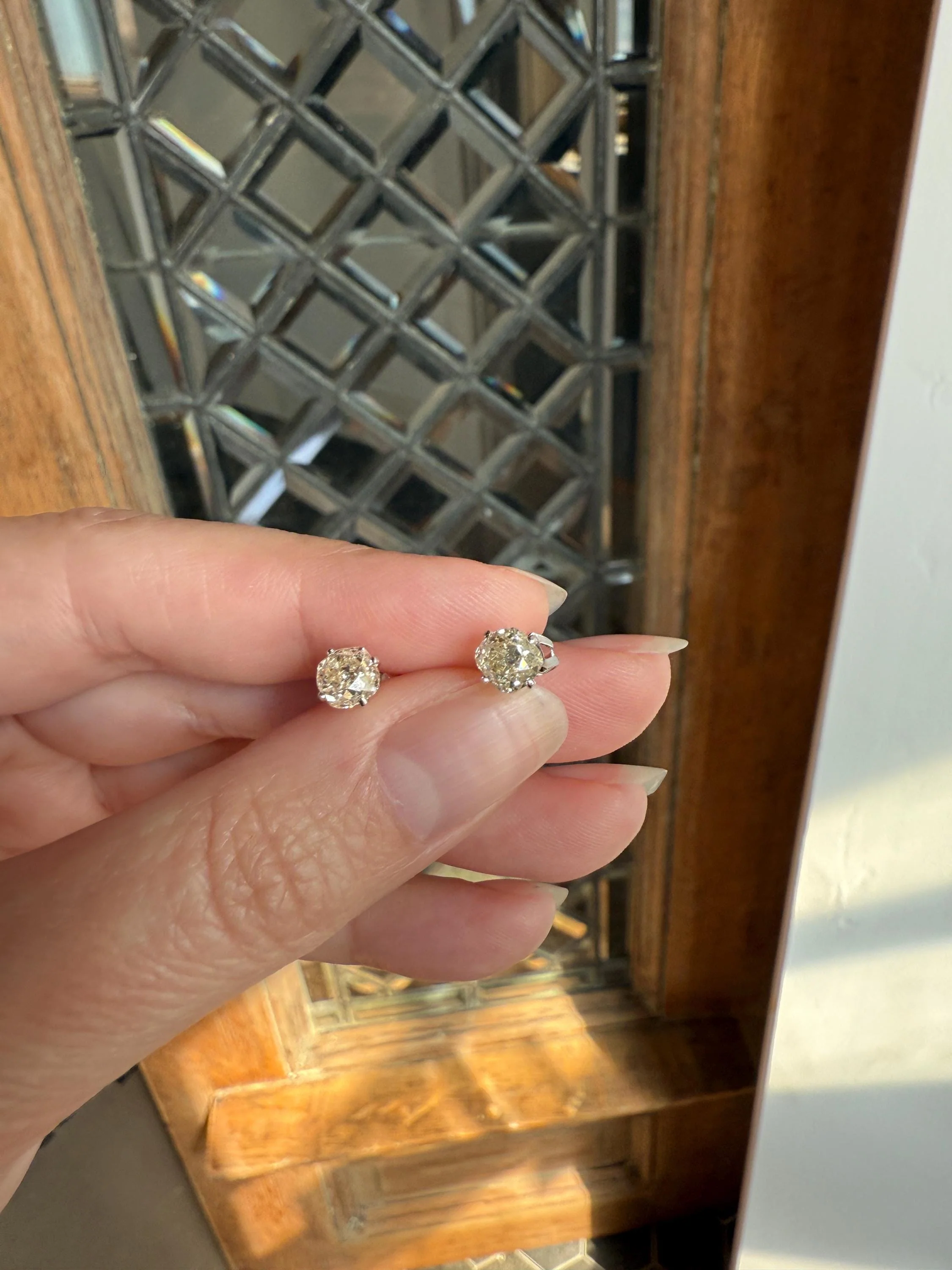 Old Mine Cut 1.3 Carat Tdw DIAMOND Stud Earrings French 18k White GOLD Warm Chunky Antique Stones Later Prong Set - Image 7