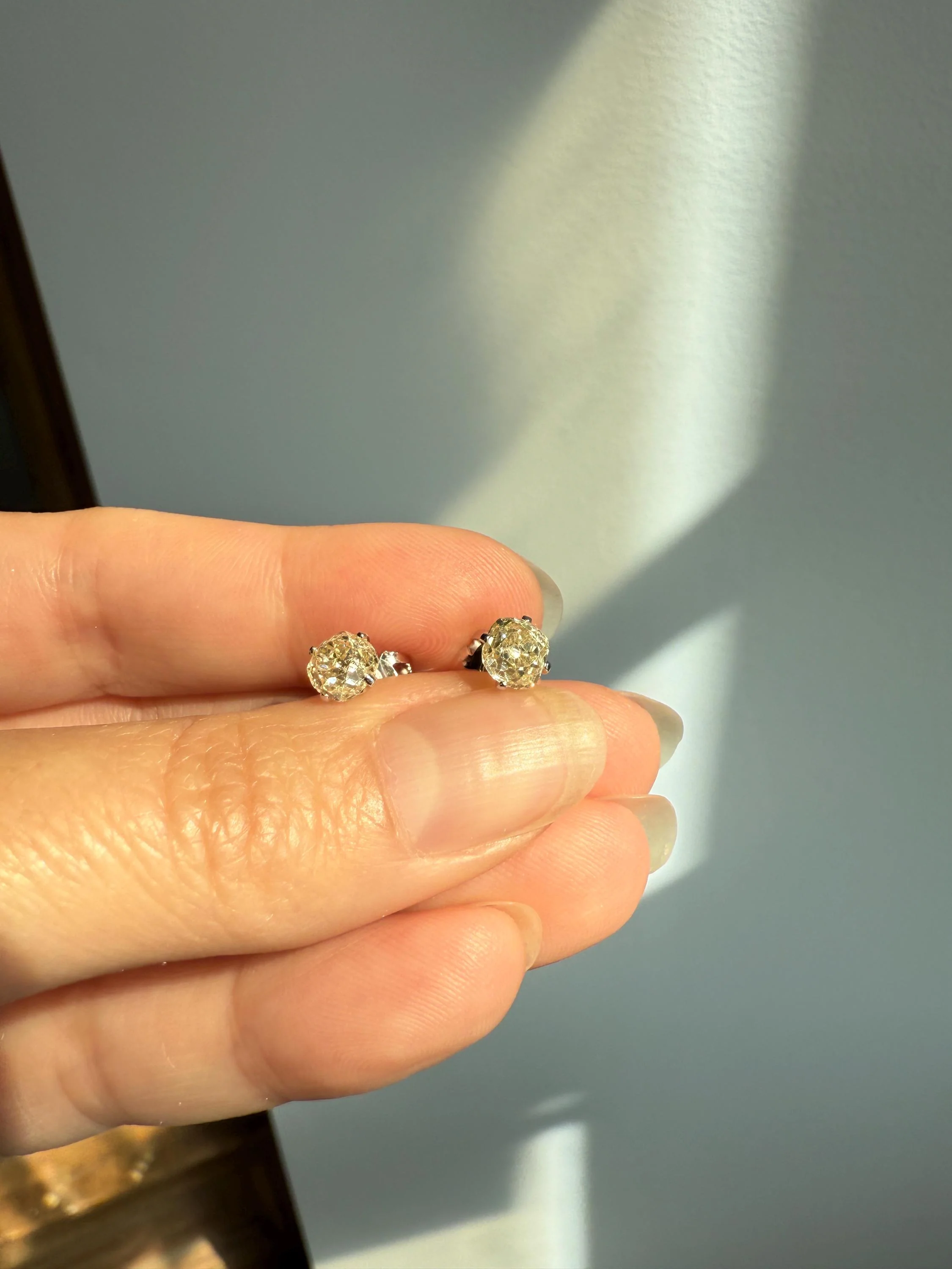 Old Mine Cut 1.3 Carat Tdw DIAMOND Stud Earrings French 18k White GOLD Warm Chunky Antique Stones Later Prong Set - Image 8