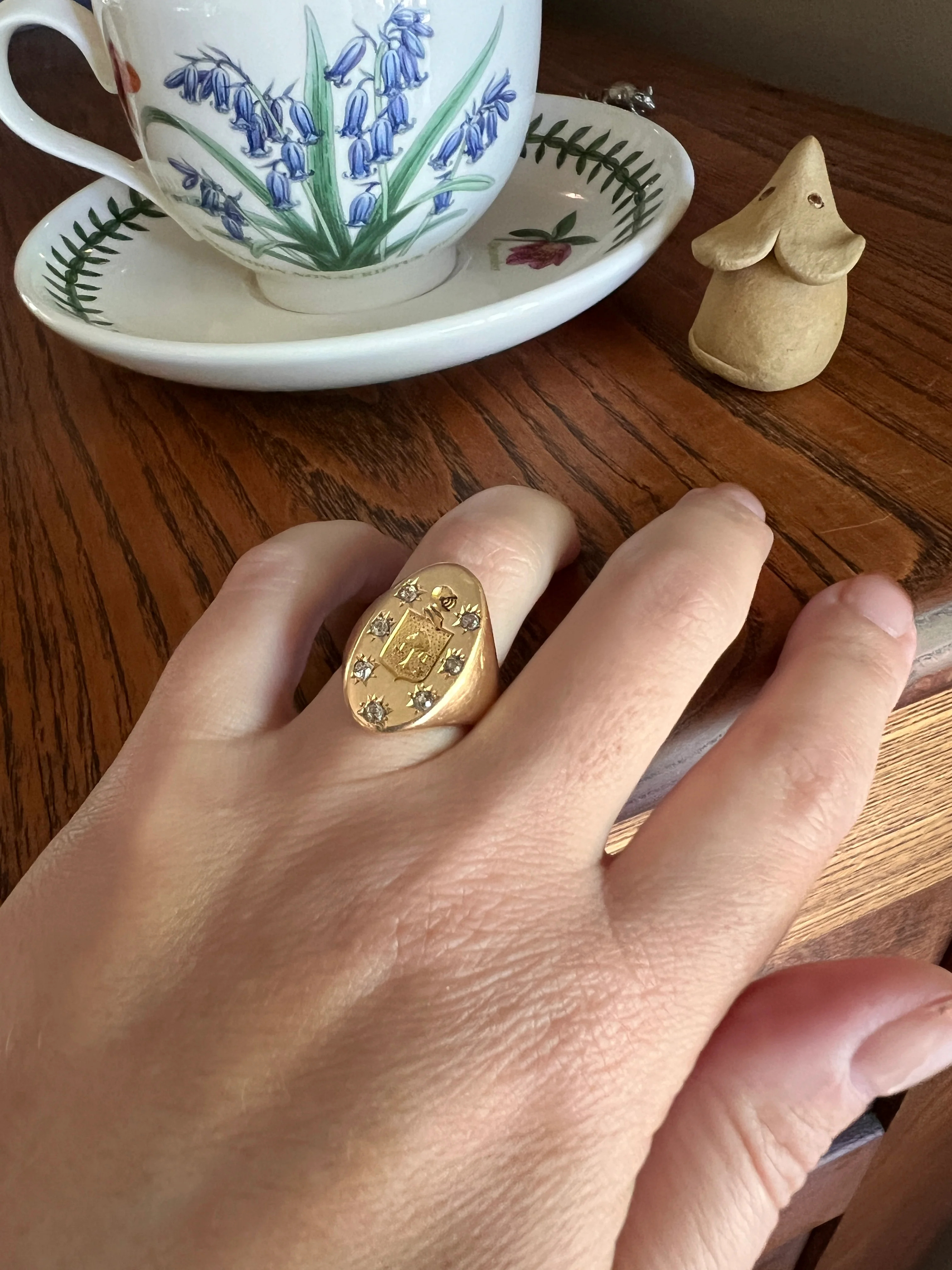 Old Mine Cut DIAMOND Starburst HEAVY French Antique Signet RING 13g 18k Gold Solid Helmet Coat of Arms Chunky - Image 12