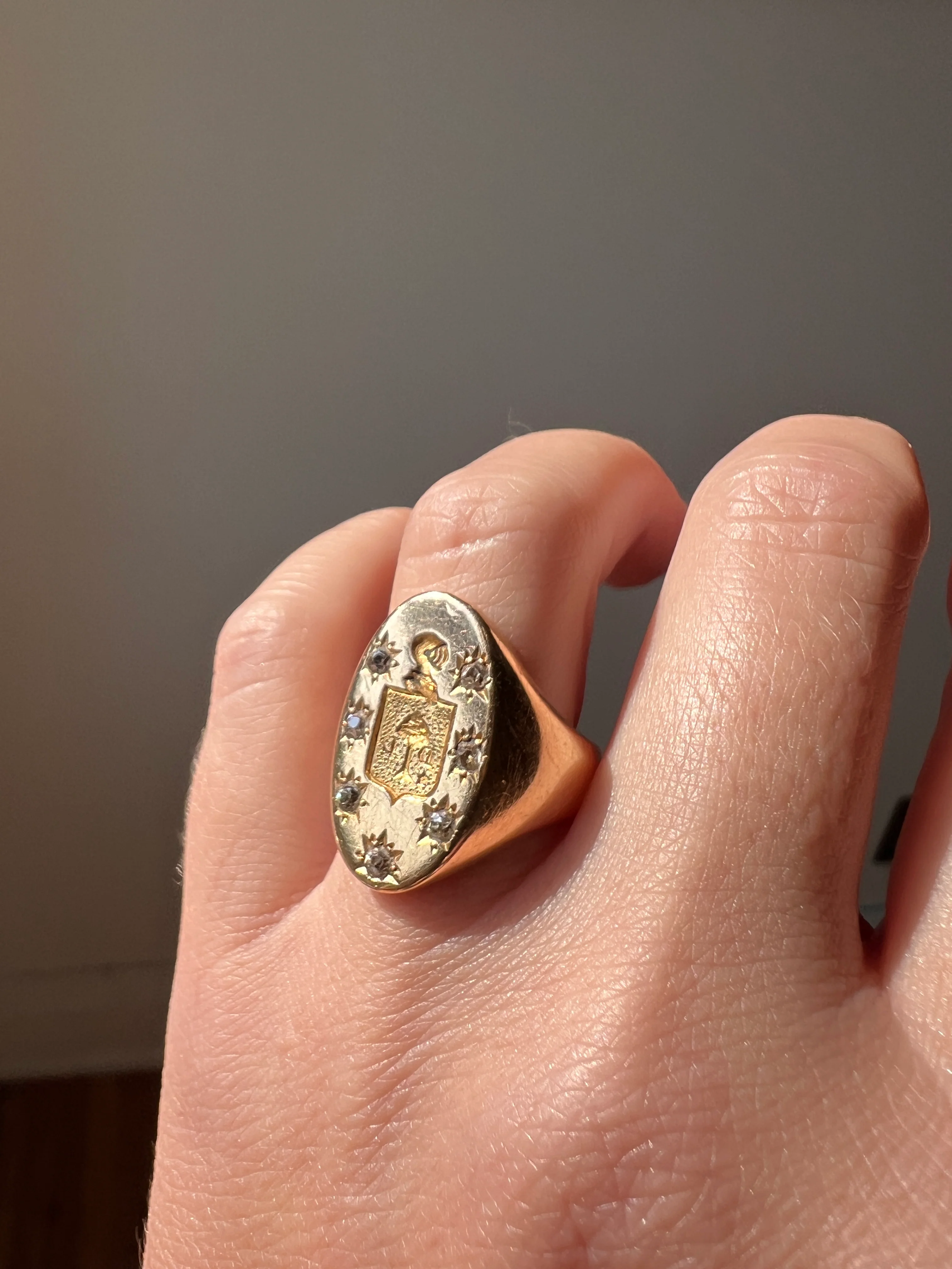 Old Mine Cut DIAMOND Starburst HEAVY French Antique Signet RING 13g 18k Gold Solid Helmet Coat of Arms Chunky - Image 16