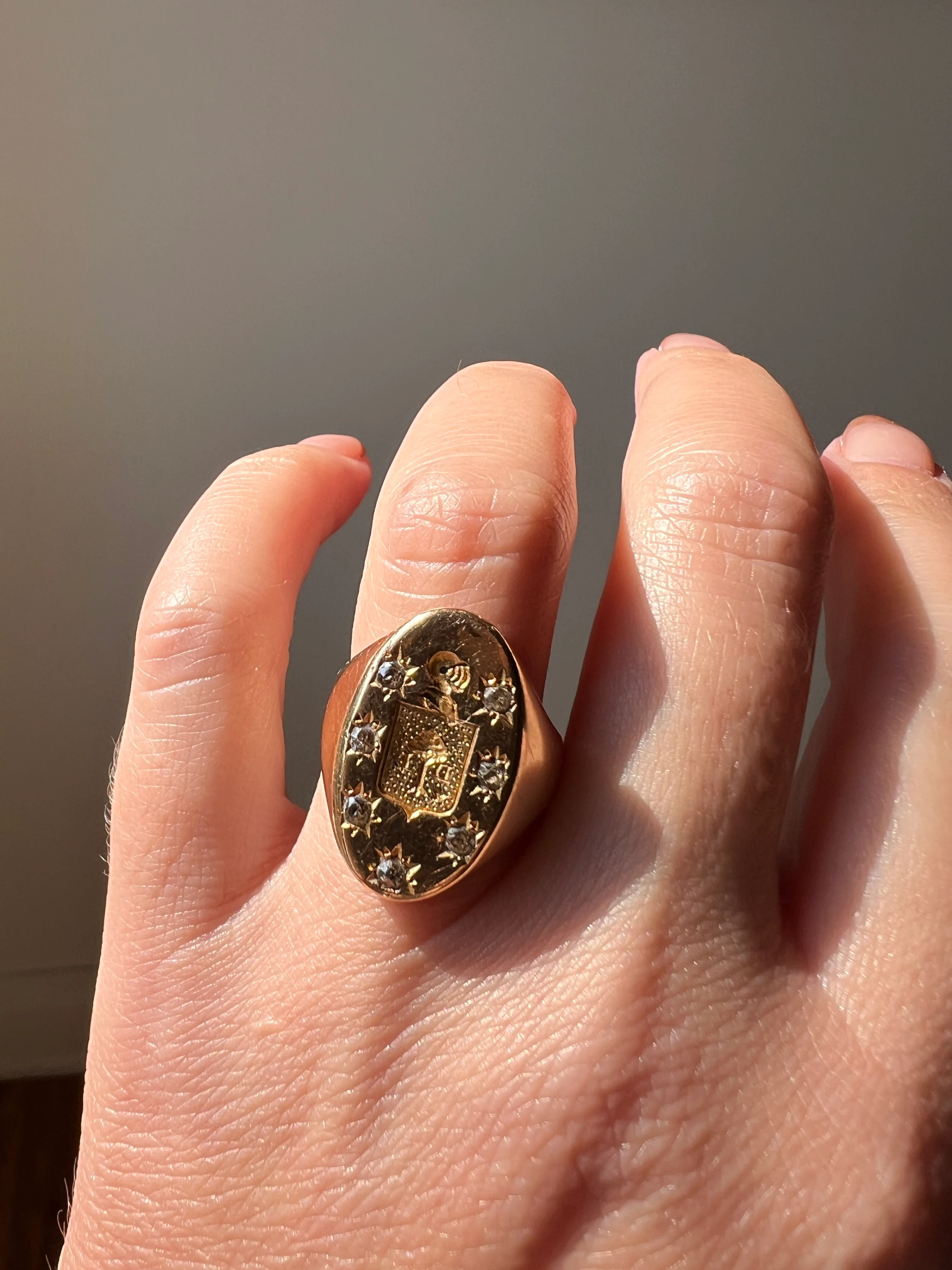 Old Mine Cut DIAMOND Starburst HEAVY French Antique Signet RING 13g 18k Gold Solid Helmet Coat of Arms Chunky - Image 17