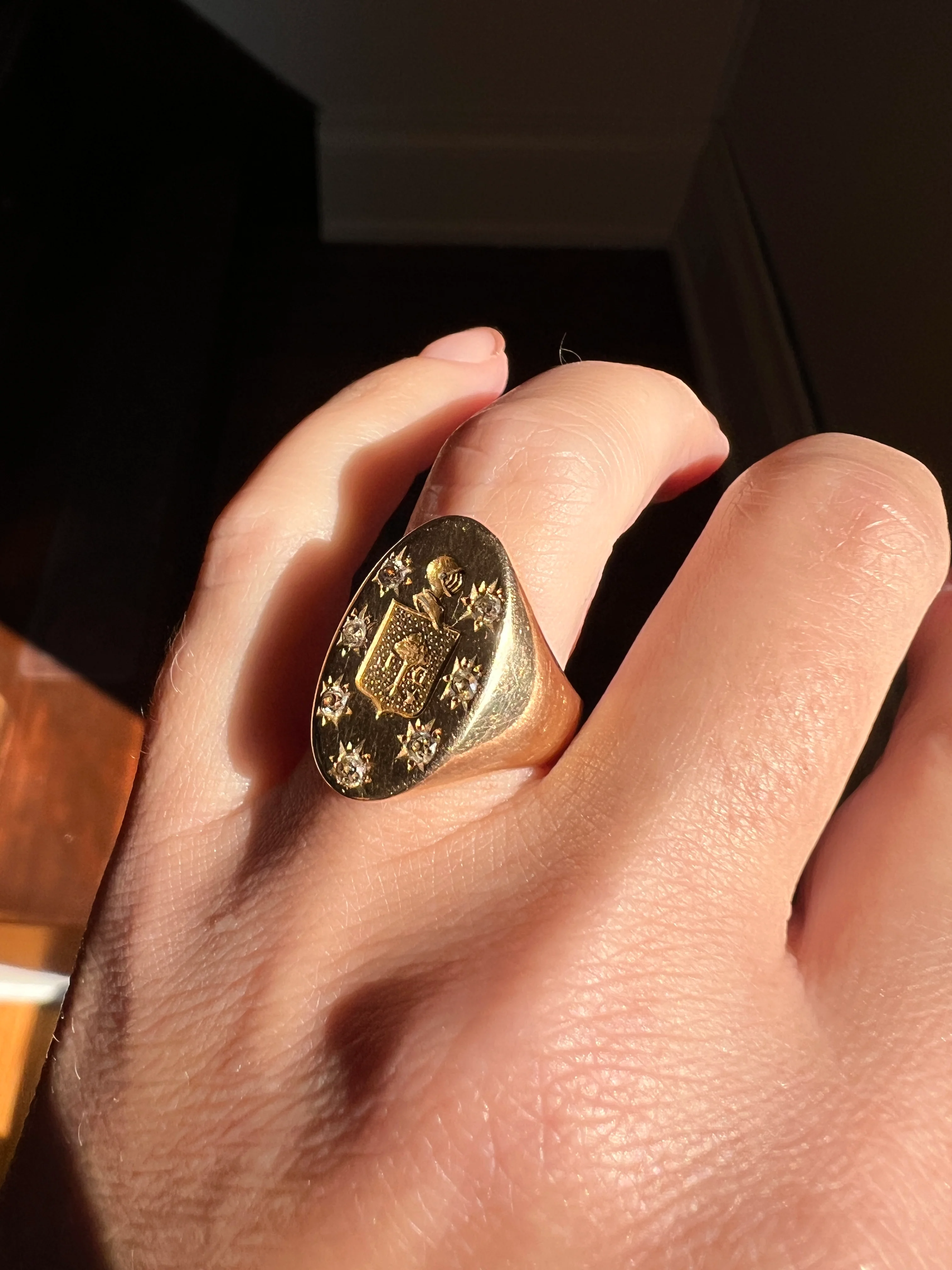 Old Mine Cut DIAMOND Starburst HEAVY French Antique Signet RING 13g 18k Gold Solid Helmet Coat of Arms Chunky - Image 18