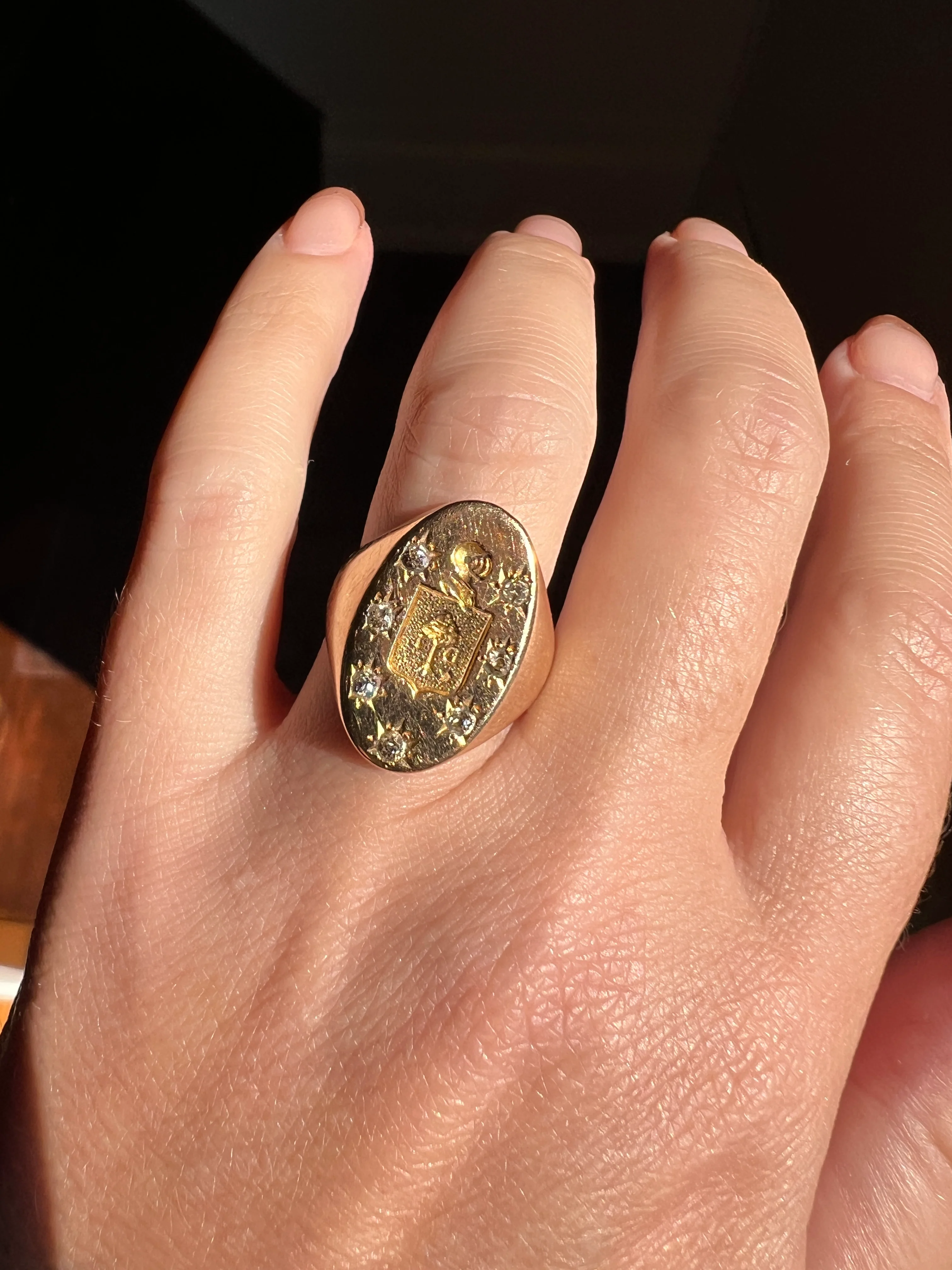 Old Mine Cut DIAMOND Starburst HEAVY French Antique Signet RING 13g 18k Gold Solid Helmet Coat of Arms Chunky - Image 19