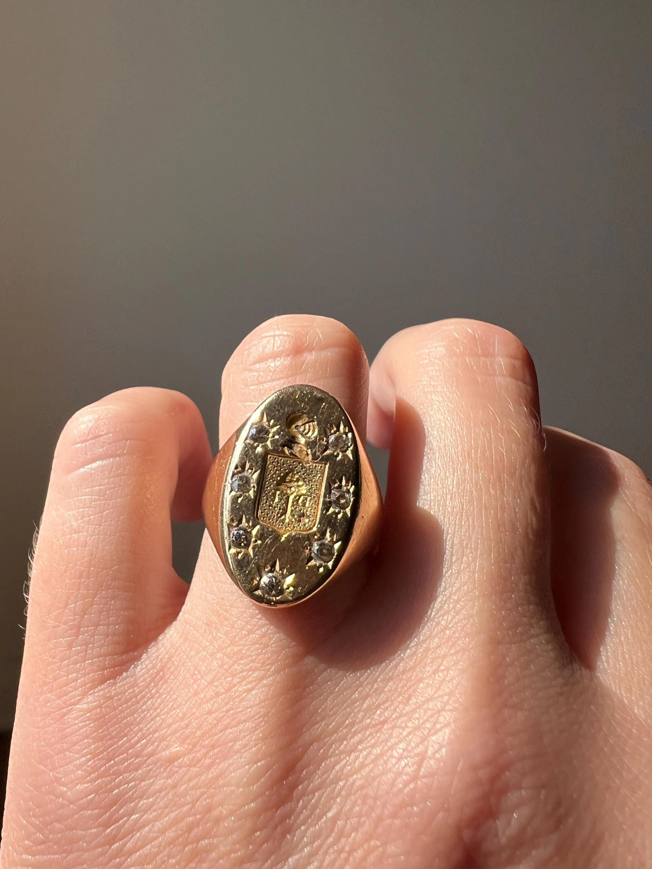 Old Mine Cut DIAMOND Starburst HEAVY French Antique Signet RING 13g 18k Gold Solid Helmet Coat of Arms Chunky - Image 4