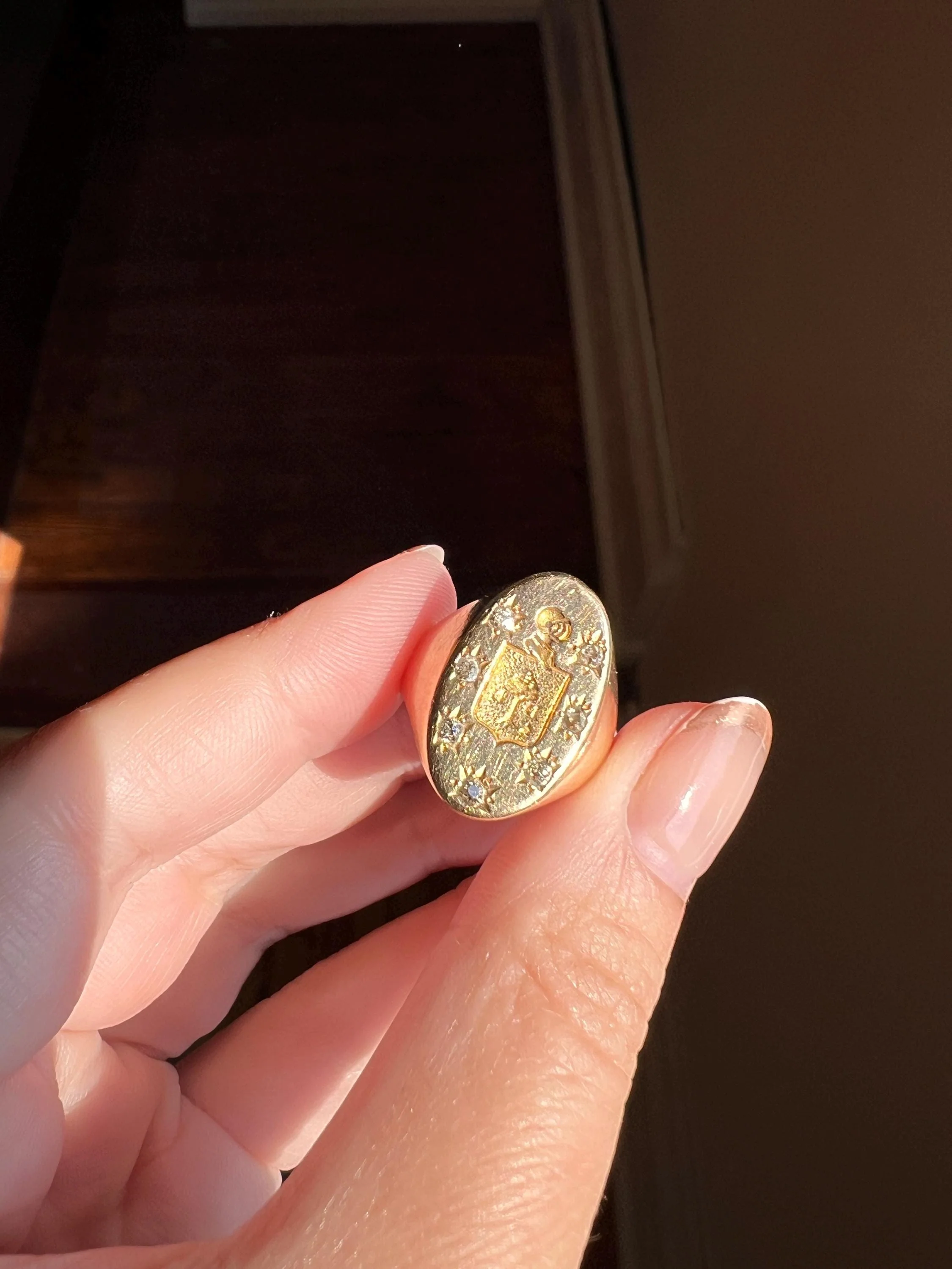 Old Mine Cut DIAMOND Starburst HEAVY French Antique Signet RING 13g 18k Gold Solid Helmet Coat of Arms Chunky - Image 7