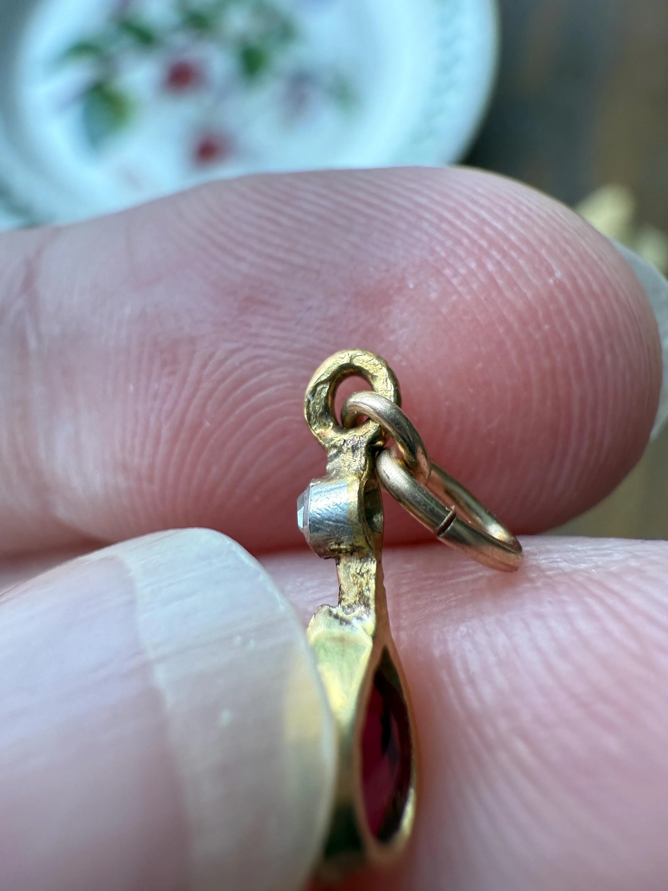 One Teardrop EMERALD VICTORIAN Antique Rose Cut DIAMOND Dangle Pendant Charm 18k Gold French Belle Epoque Pear 3 Avail - Image 13