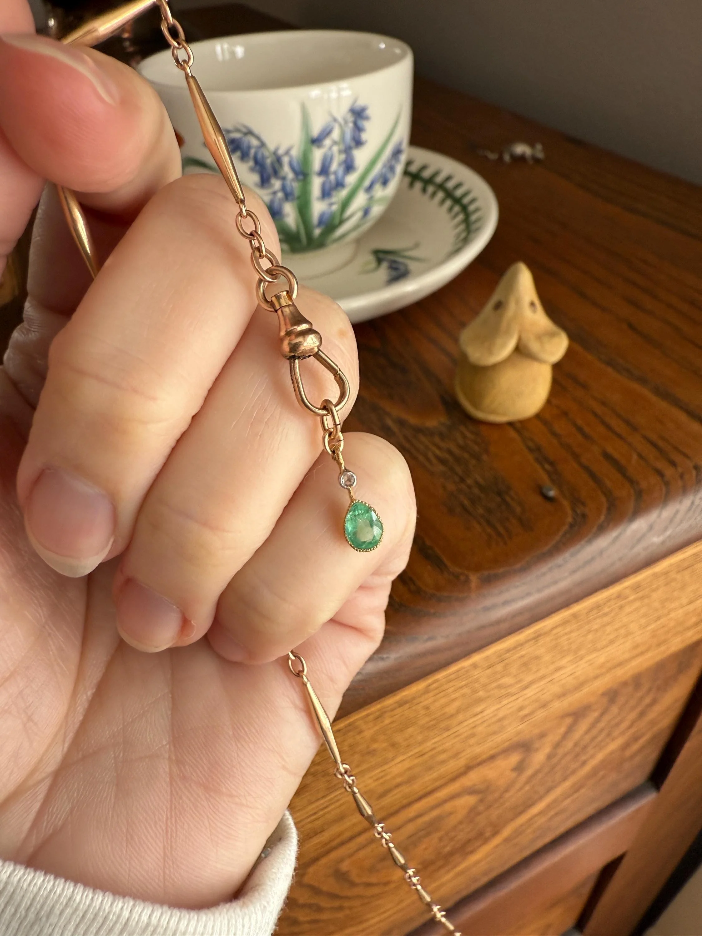 One Teardrop EMERALD VICTORIAN Antique Rose Cut DIAMOND Dangle Pendant Charm 18k Gold French Belle Epoque Pear 3 Avail - Image 14