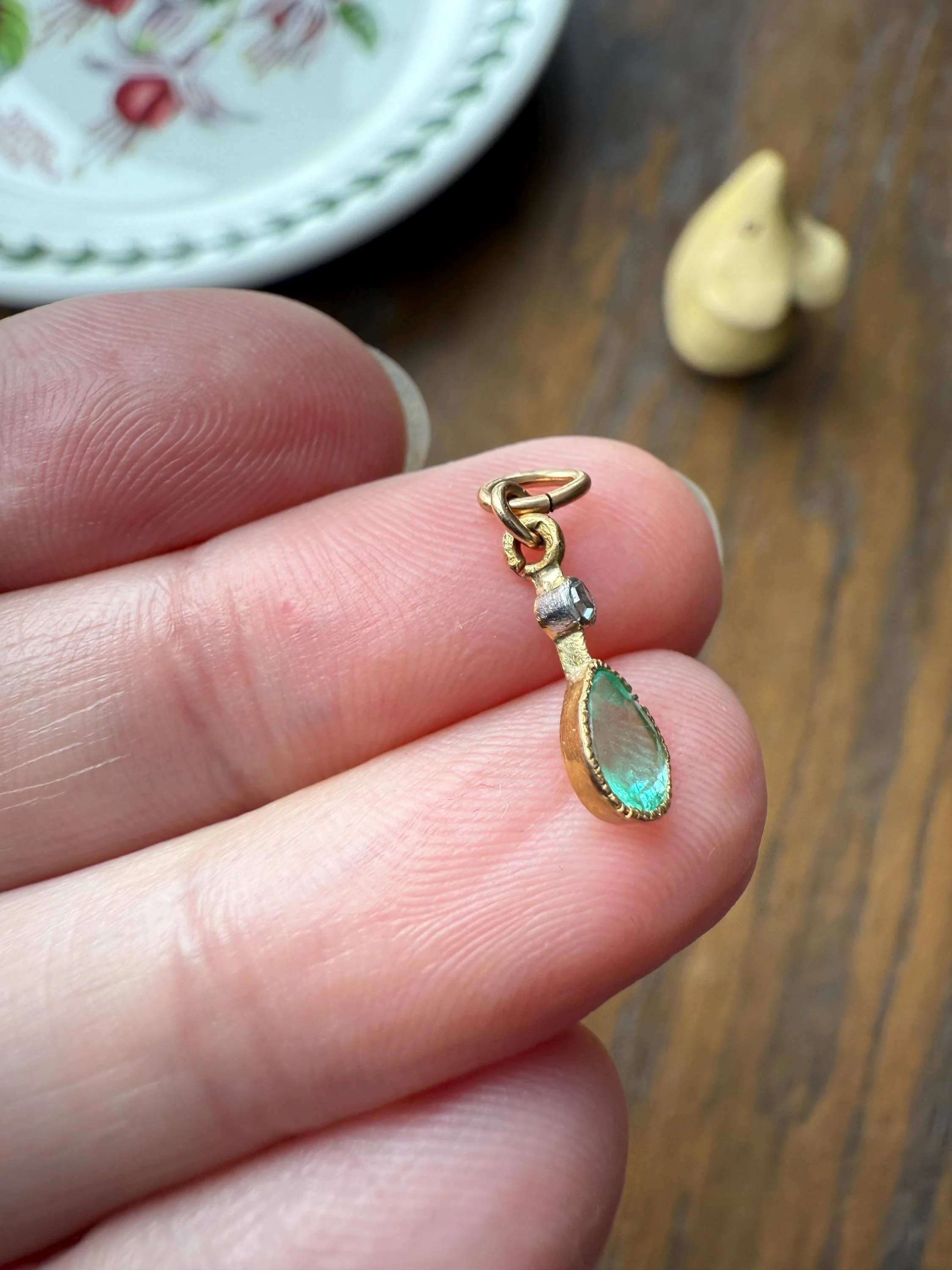 One Teardrop EMERALD VICTORIAN Antique Rose Cut DIAMOND Dangle Pendant Charm 18k Gold French Belle Epoque Pear 3 Avail - Image 15