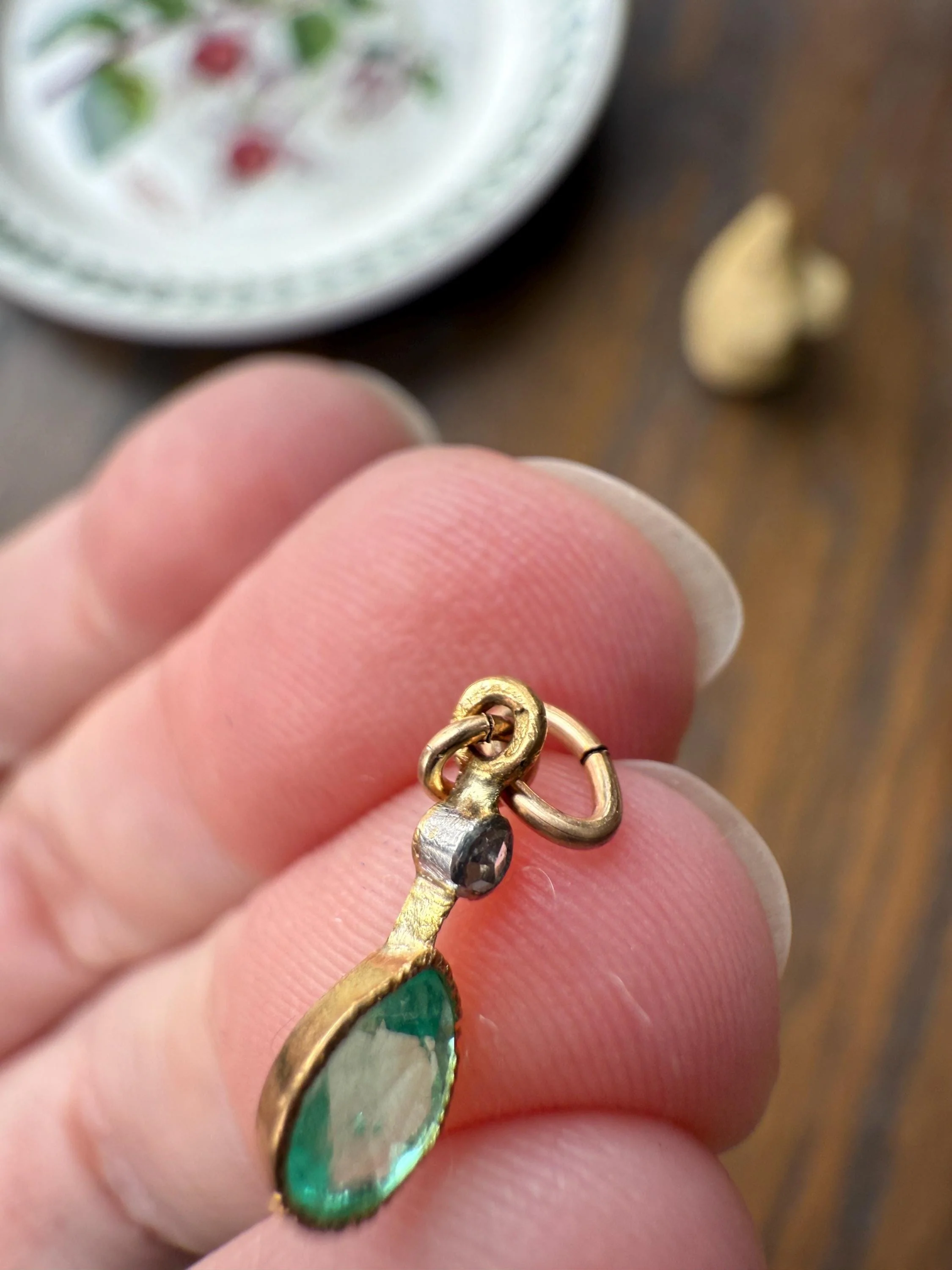 One Teardrop EMERALD VICTORIAN Antique Rose Cut DIAMOND Dangle Pendant Charm 18k Gold French Belle Epoque Pear 3 Avail - Image 16
