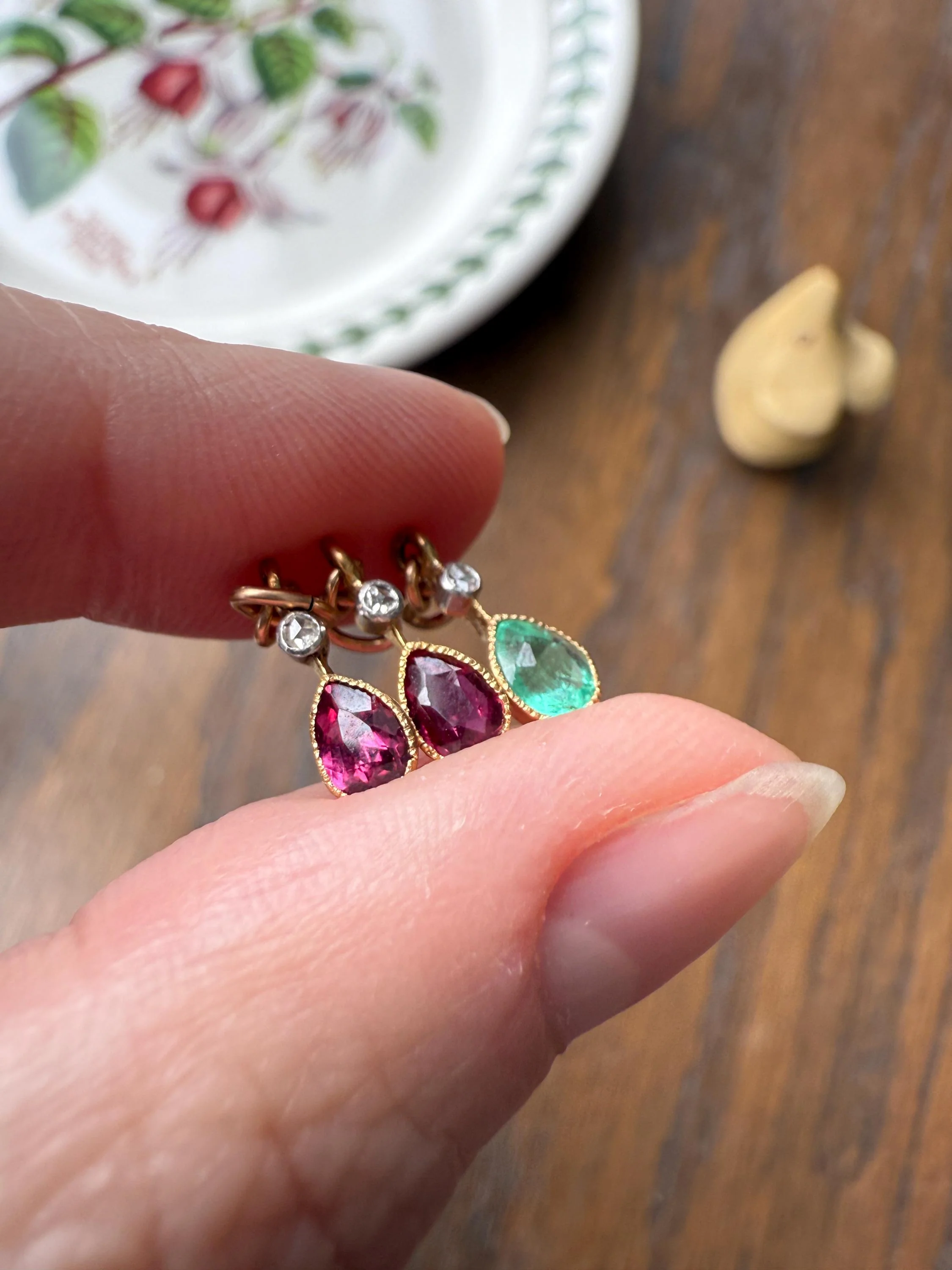 One Teardrop EMERALD VICTORIAN Antique Rose Cut DIAMOND Dangle Pendant Charm 18k Gold French Belle Epoque Pear 3 Avail - Image 8