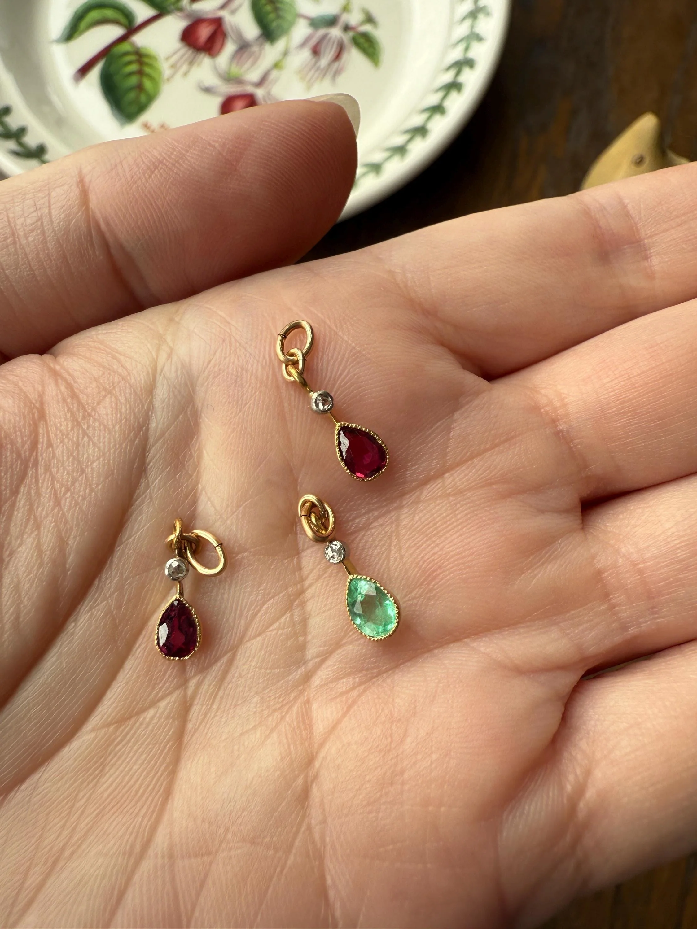 One Teardrop RUBY VICTORIAN Antique Rose Cut DIAMOND Dangle Pendant Charm 18k Gold French Belle Epoque Pear 3 Avail - Image 11