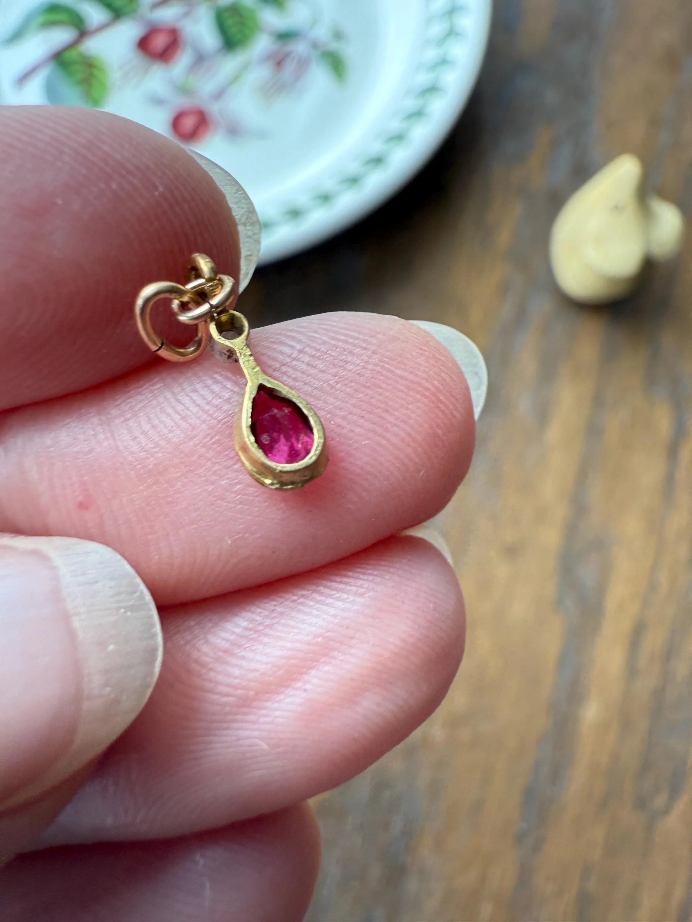 One Teardrop RUBY VICTORIAN Antique Rose Cut DIAMOND Dangle Pendant Charm 18k Gold French Belle Epoque Pear 3 Avail - Image 13