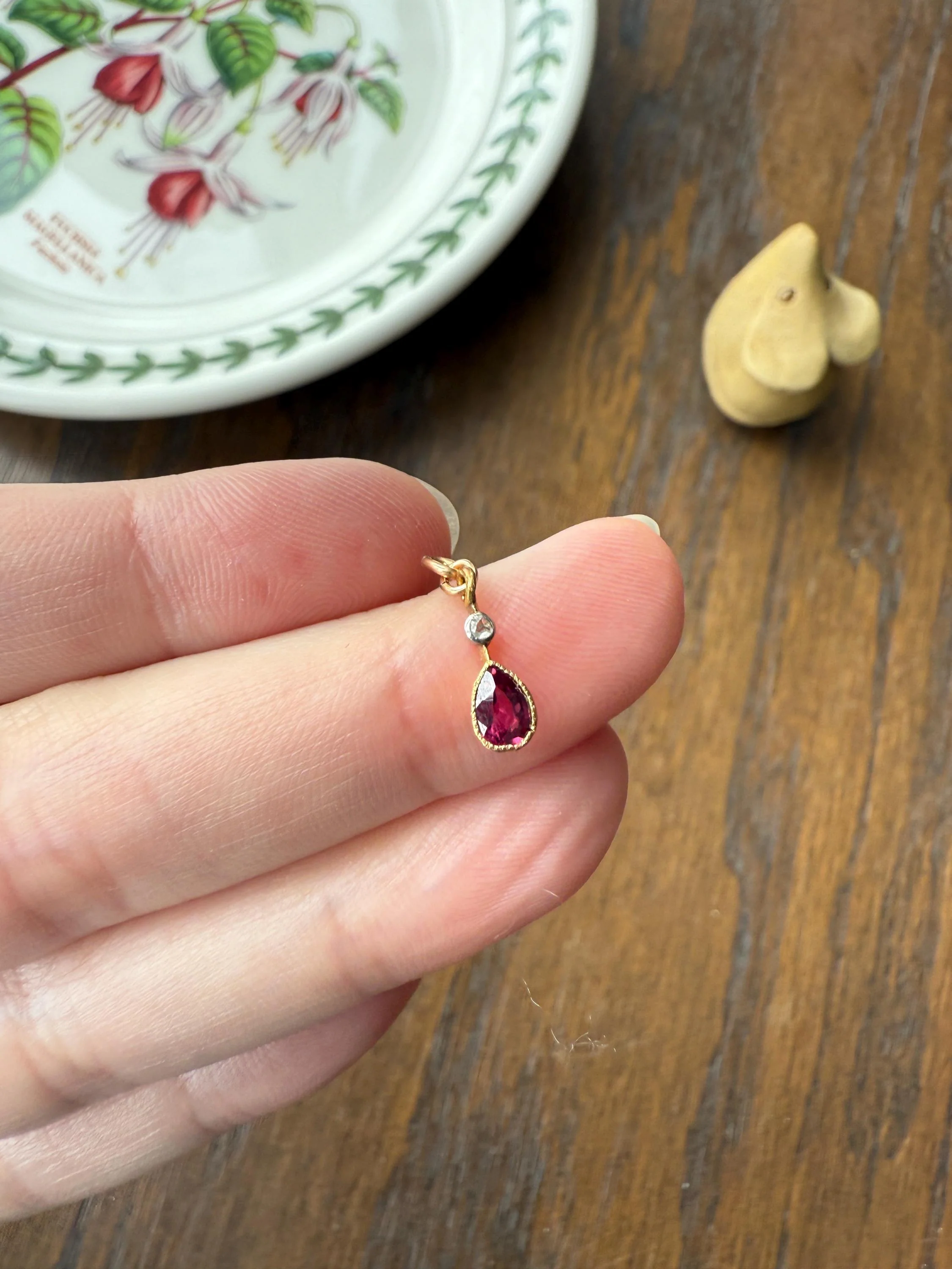 One Teardrop RUBY VICTORIAN Antique Rose Cut DIAMOND Dangle Pendant Charm 18k Gold French Belle Epoque Pear 3 Avail - Image 15