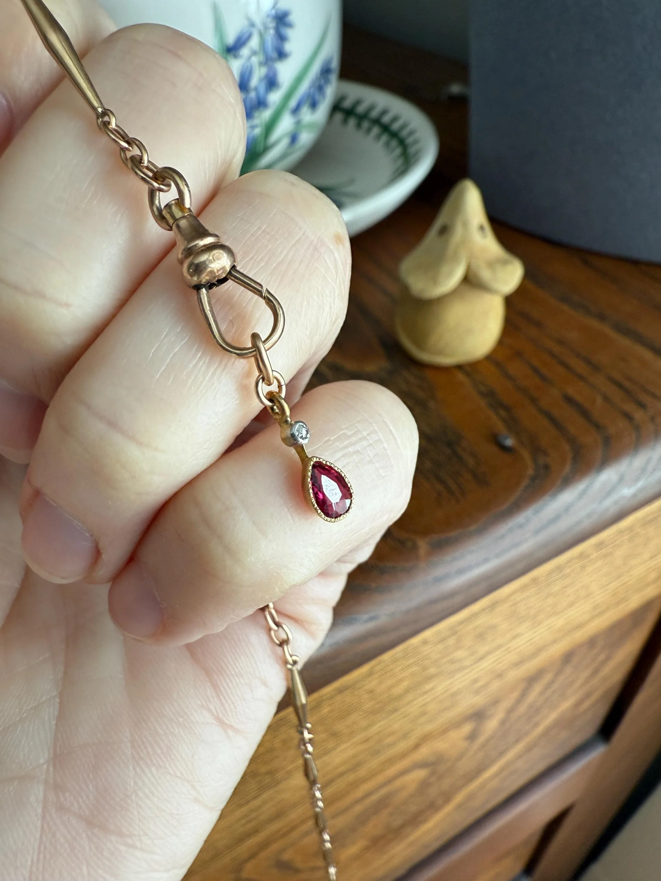One Teardrop RUBY VICTORIAN Antique Rose Cut DIAMOND Dangle Pendant Charm 18k Gold French Belle Epoque Pear 3 Avail - Image 2