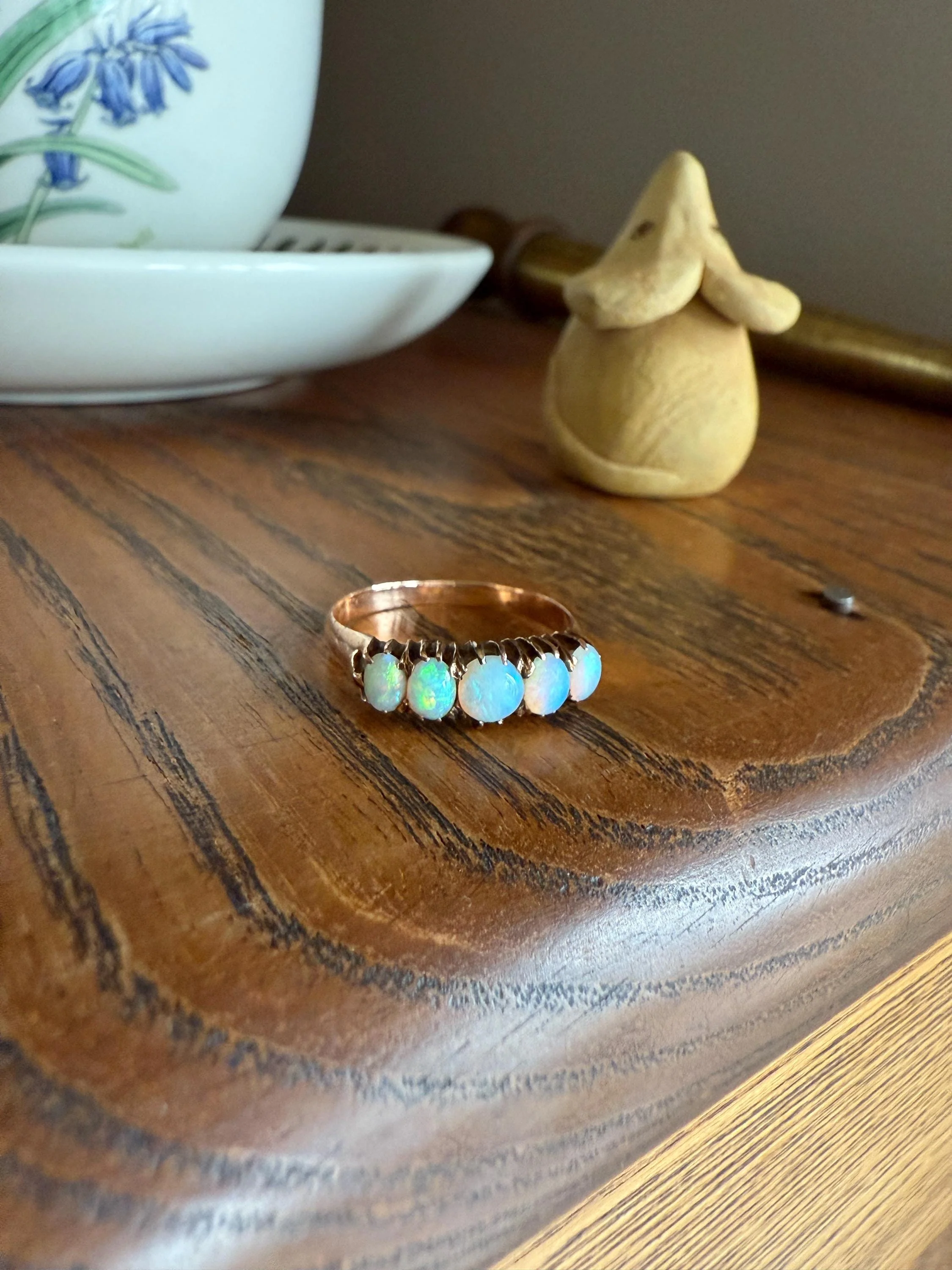 OPAL Antique Blue Five Stone Skinny Band Stacker Ring 14k Rose Gold Linear Edwardian Victorian Romantic Gift Geometric Minimalist Glowing - Image 10