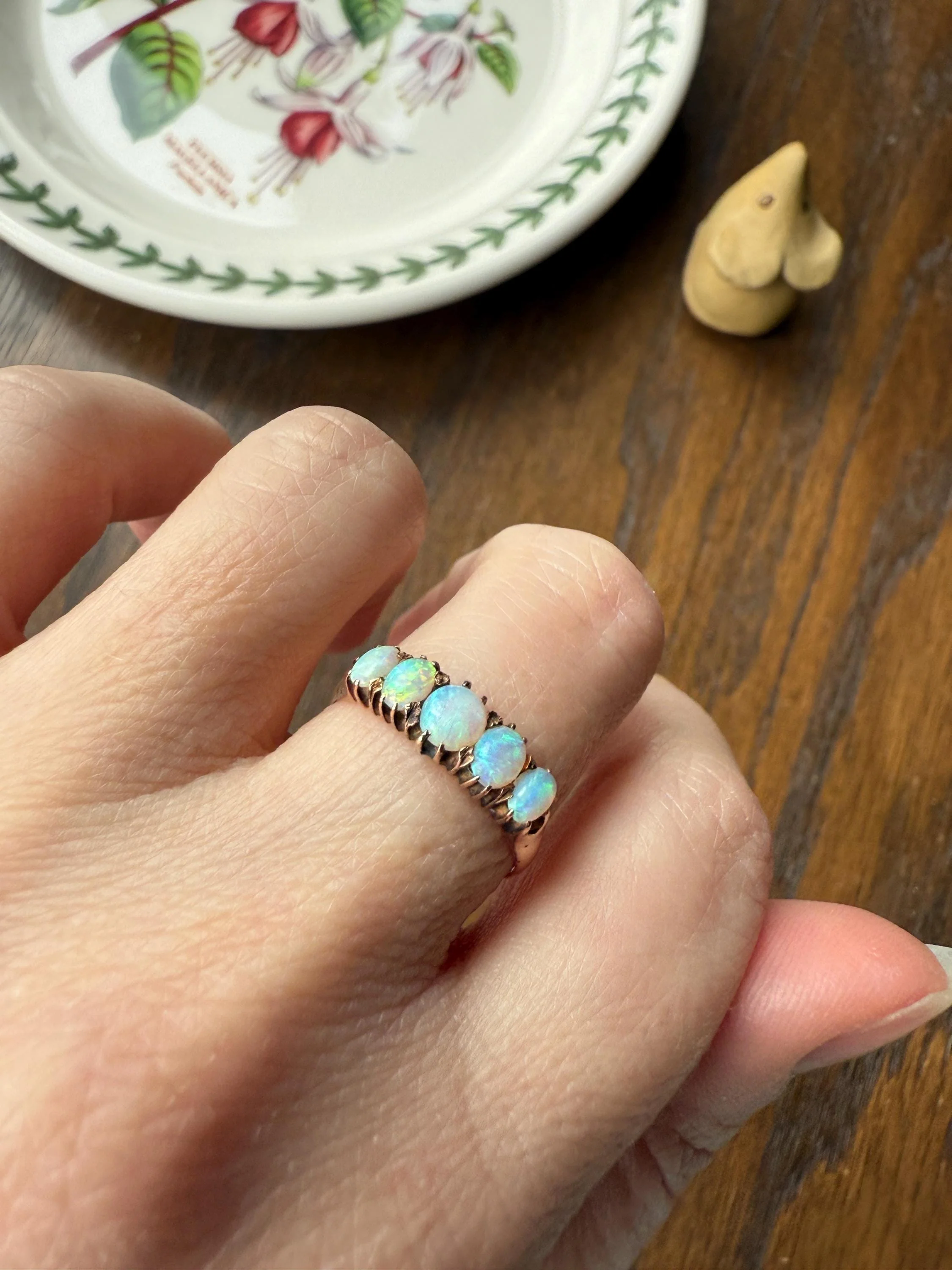 OPAL Antique Blue Five Stone Skinny Band Stacker Ring 14k Rose Gold Linear Edwardian Victorian Romantic Gift Geometric Minimalist Glowing - Image 13