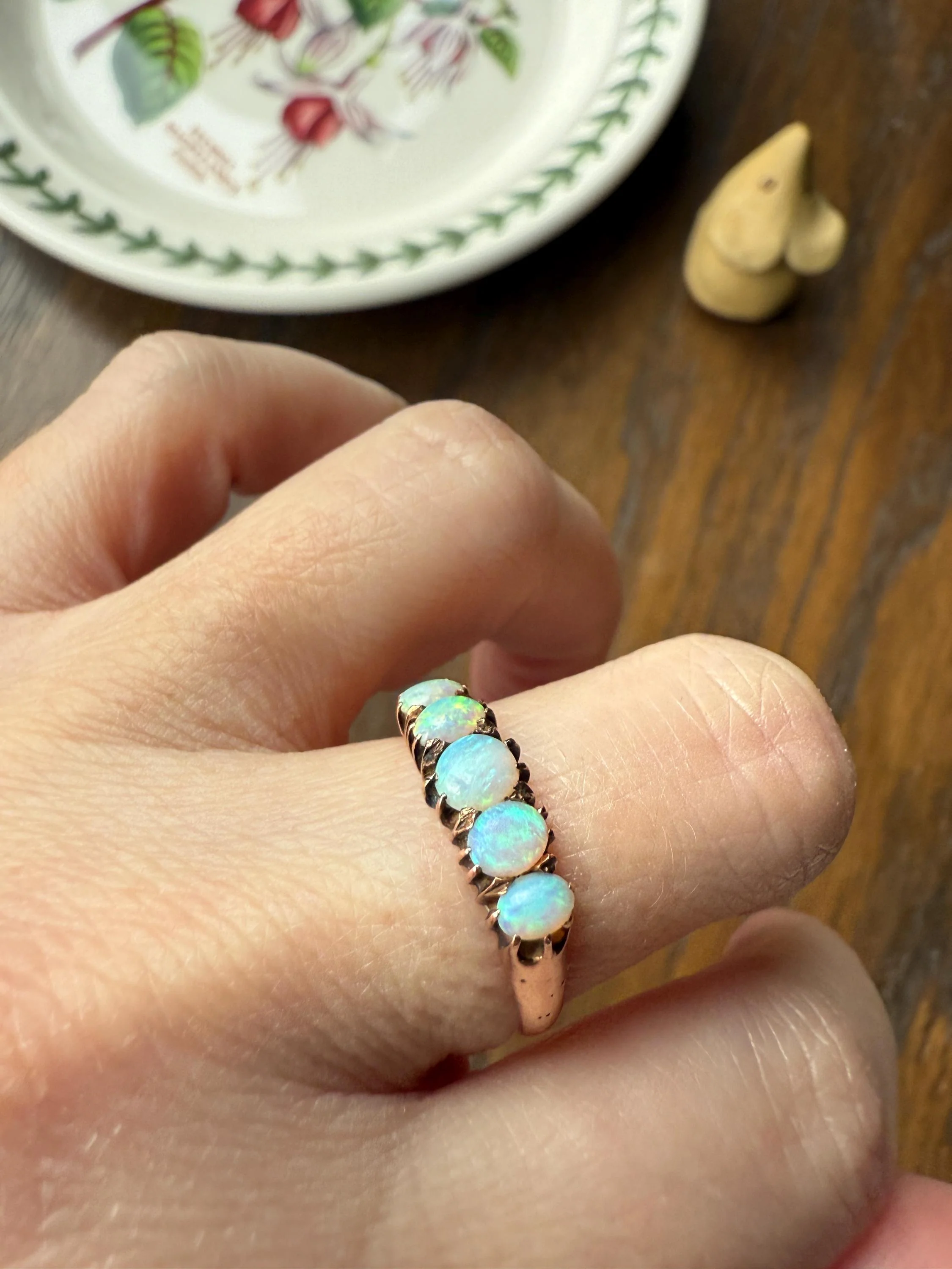 OPAL Antique Blue Five Stone Skinny Band Stacker Ring 14k Rose Gold Linear Edwardian Victorian Romantic Gift Geometric Minimalist Glowing - Image 17