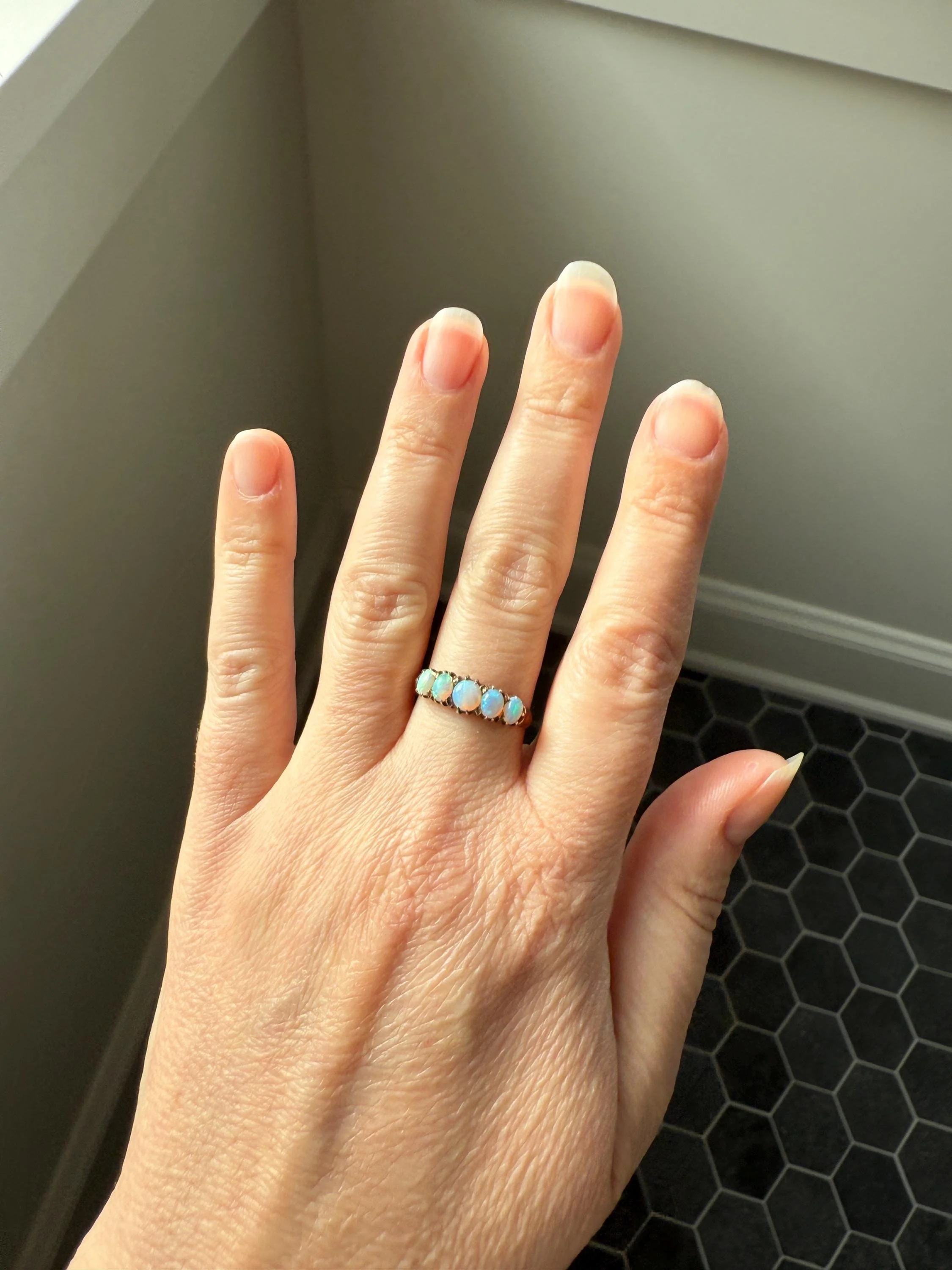 OPAL Antique Blue Five Stone Skinny Band Stacker Ring 14k Rose Gold Linear Edwardian Victorian Romantic Gift Geometric Minimalist Glowing - Image 18