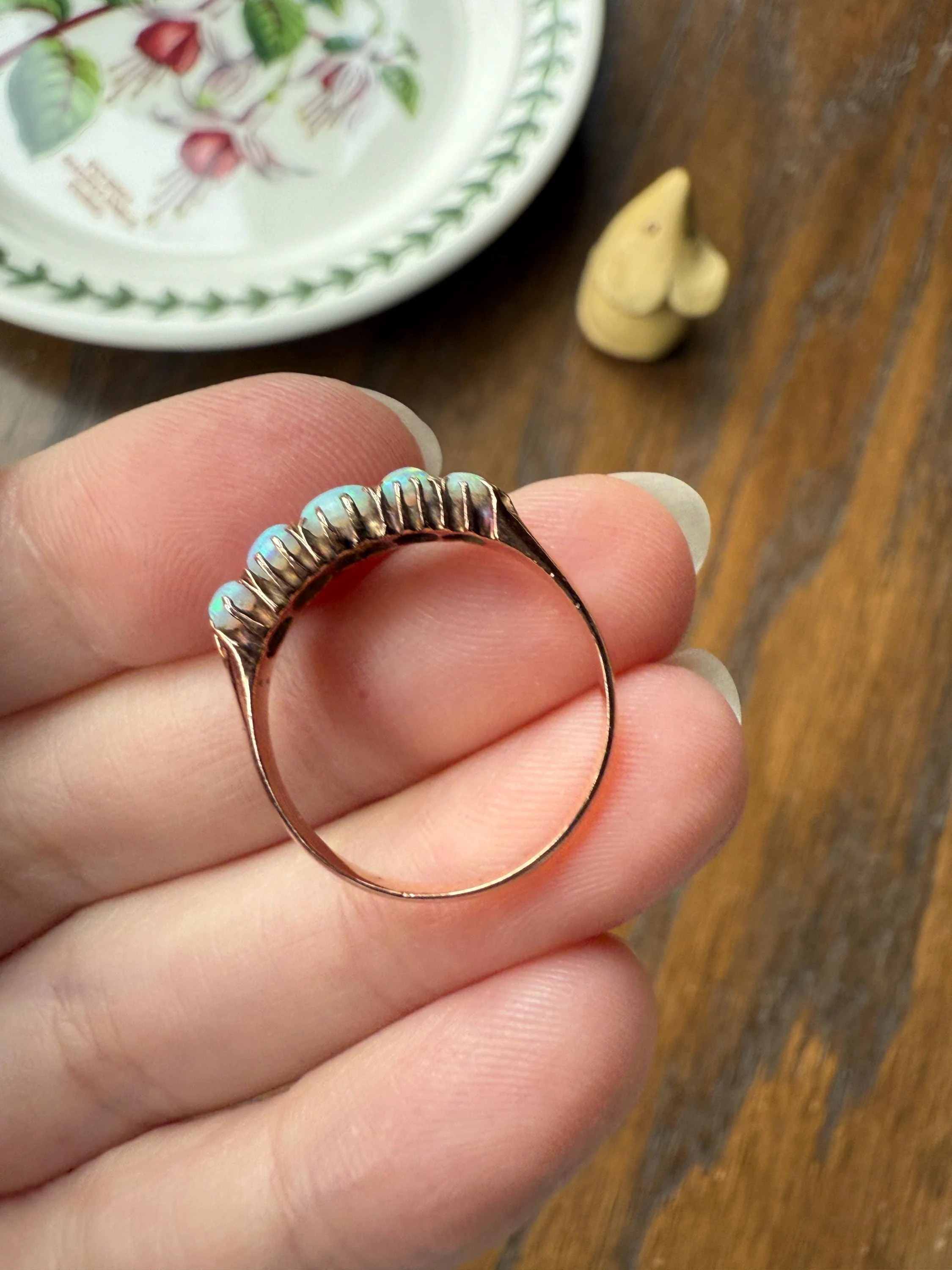 OPAL Antique Blue Five Stone Skinny Band Stacker Ring 14k Rose Gold Linear Edwardian Victorian Romantic Gift Geometric Minimalist Glowing - Image 19