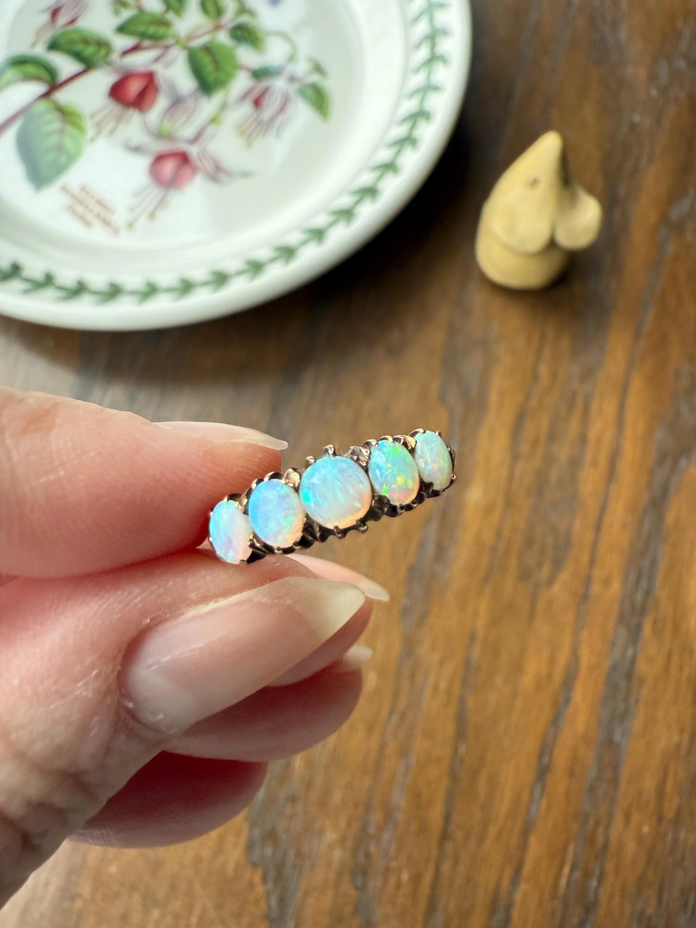 OPAL Antique Blue Five Stone Skinny Band Stacker Ring 14k Rose Gold Linear Edwardian Victorian Romantic Gift Geometric Minimalist Glowing - Image 2