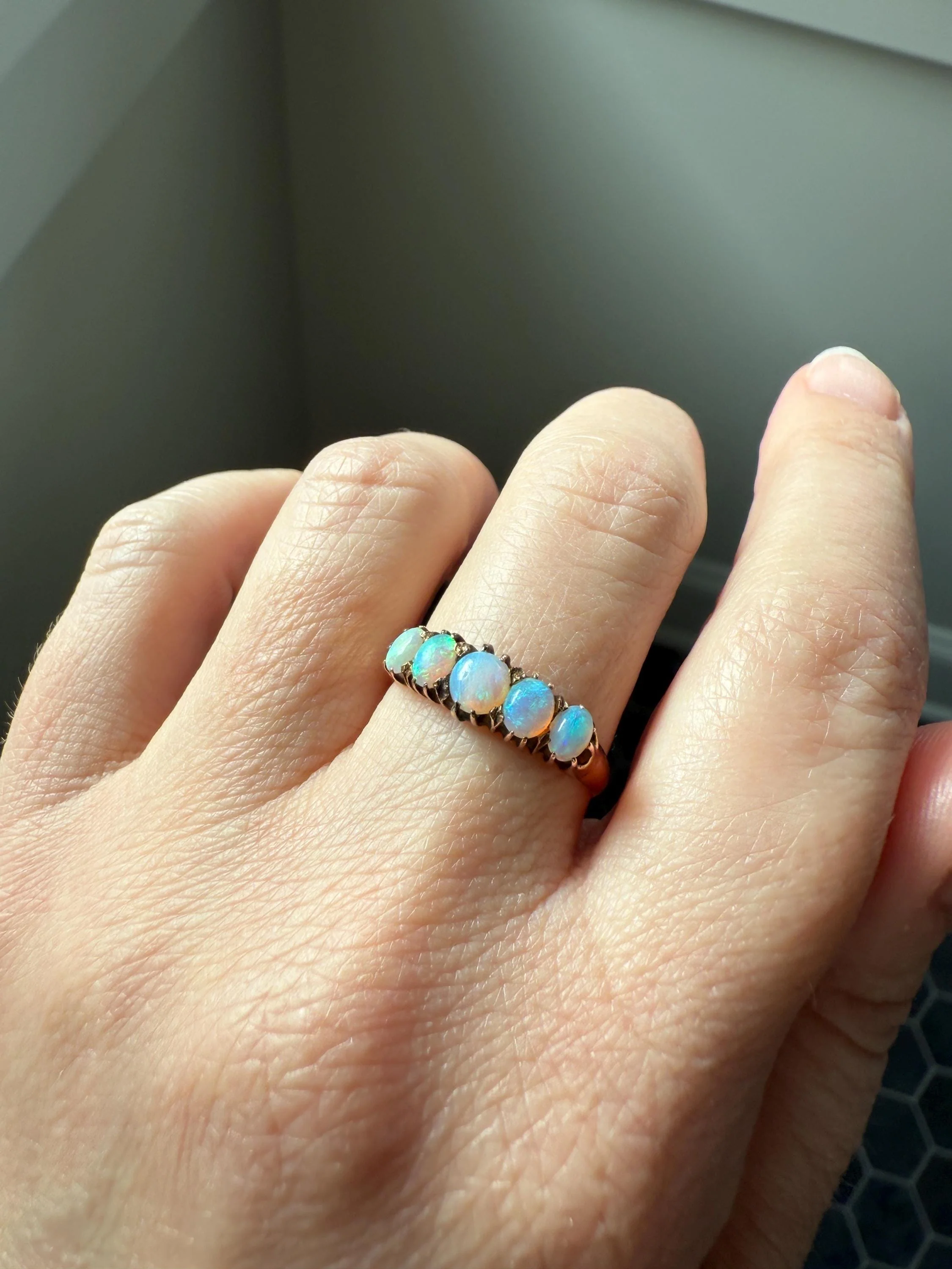 OPAL Antique Blue Five Stone Skinny Band Stacker Ring 14k Rose Gold Linear Edwardian Victorian Romantic Gift Geometric Minimalist Glowing - Image 3