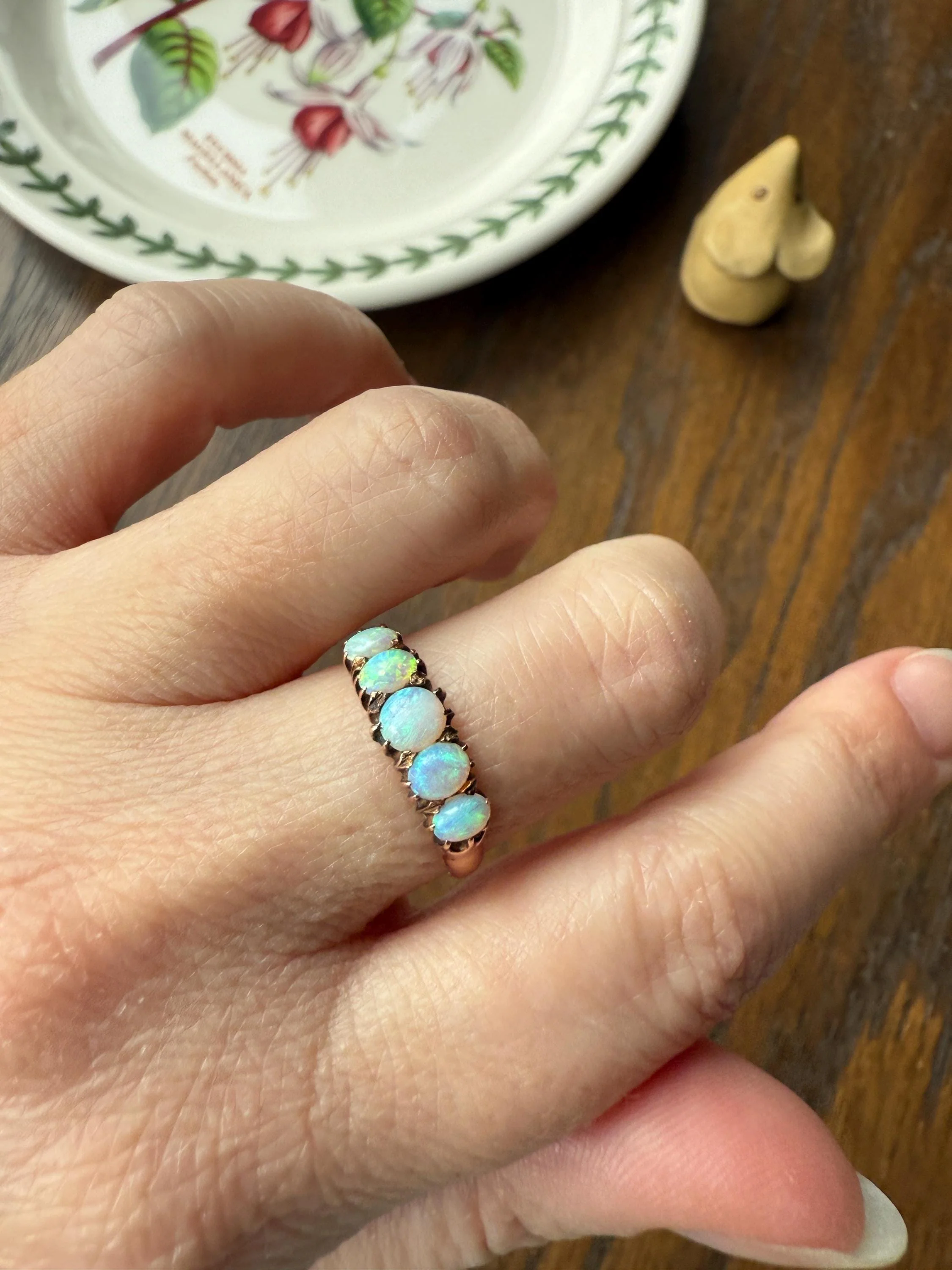 OPAL Antique Blue Five Stone Skinny Band Stacker Ring 14k Rose Gold Linear Edwardian Victorian Romantic Gift Geometric Minimalist Glowing - Image 4