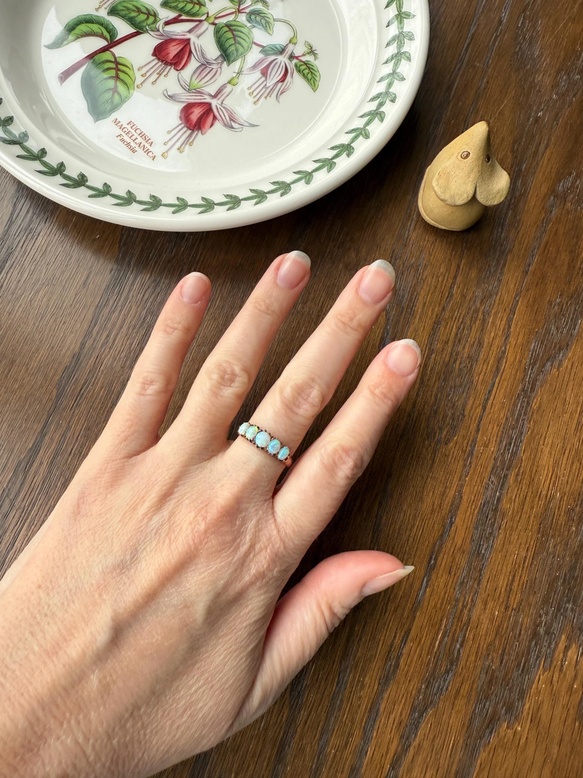 OPAL Antique Blue Five Stone Skinny Band Stacker Ring 14k Rose Gold Linear Edwardian Victorian Romantic Gift Geometric Minimalist Glowing - Image 5