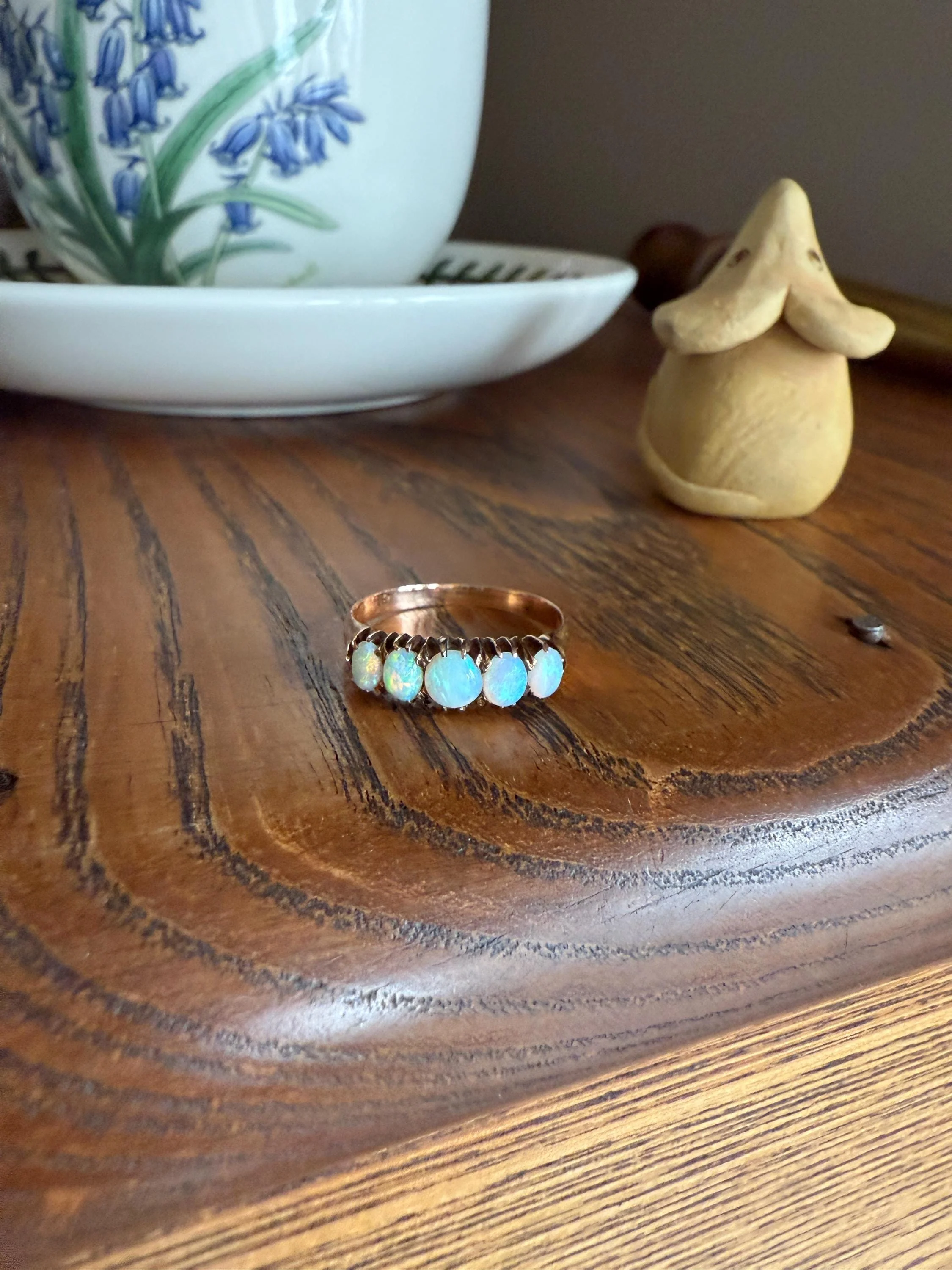 OPAL Antique Blue Five Stone Skinny Band Stacker Ring 14k Rose Gold Linear Edwardian Victorian Romantic Gift Geometric Minimalist Glowing - Image 6