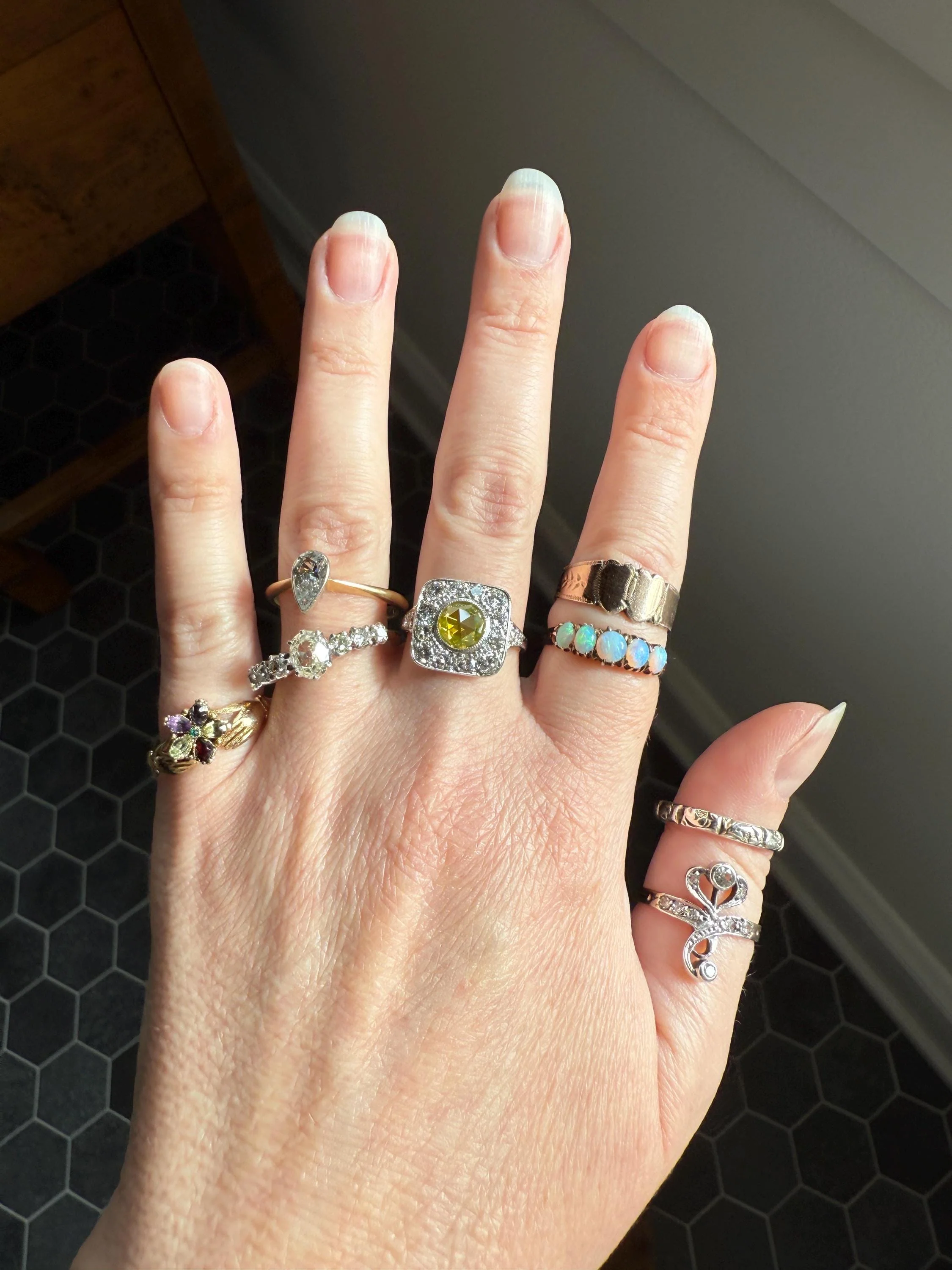 OPAL Antique Blue Five Stone Skinny Band Stacker Ring 14k Rose Gold Linear Edwardian Victorian Romantic Gift Geometric Minimalist Glowing - Image 7