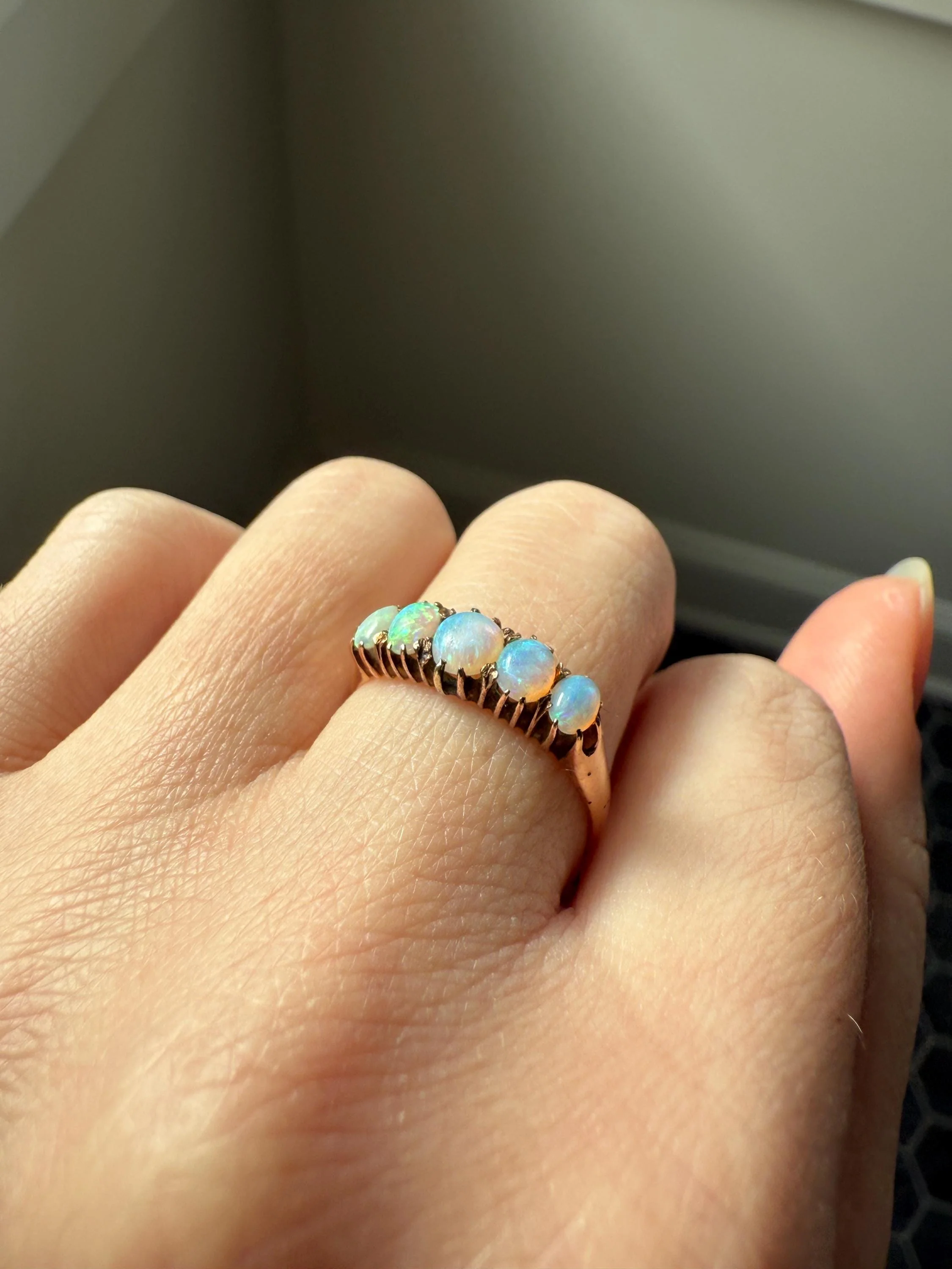 OPAL Antique Blue Five Stone Skinny Band Stacker Ring 14k Rose Gold Linear Edwardian Victorian Romantic Gift Geometric Minimalist Glowing - Image 8