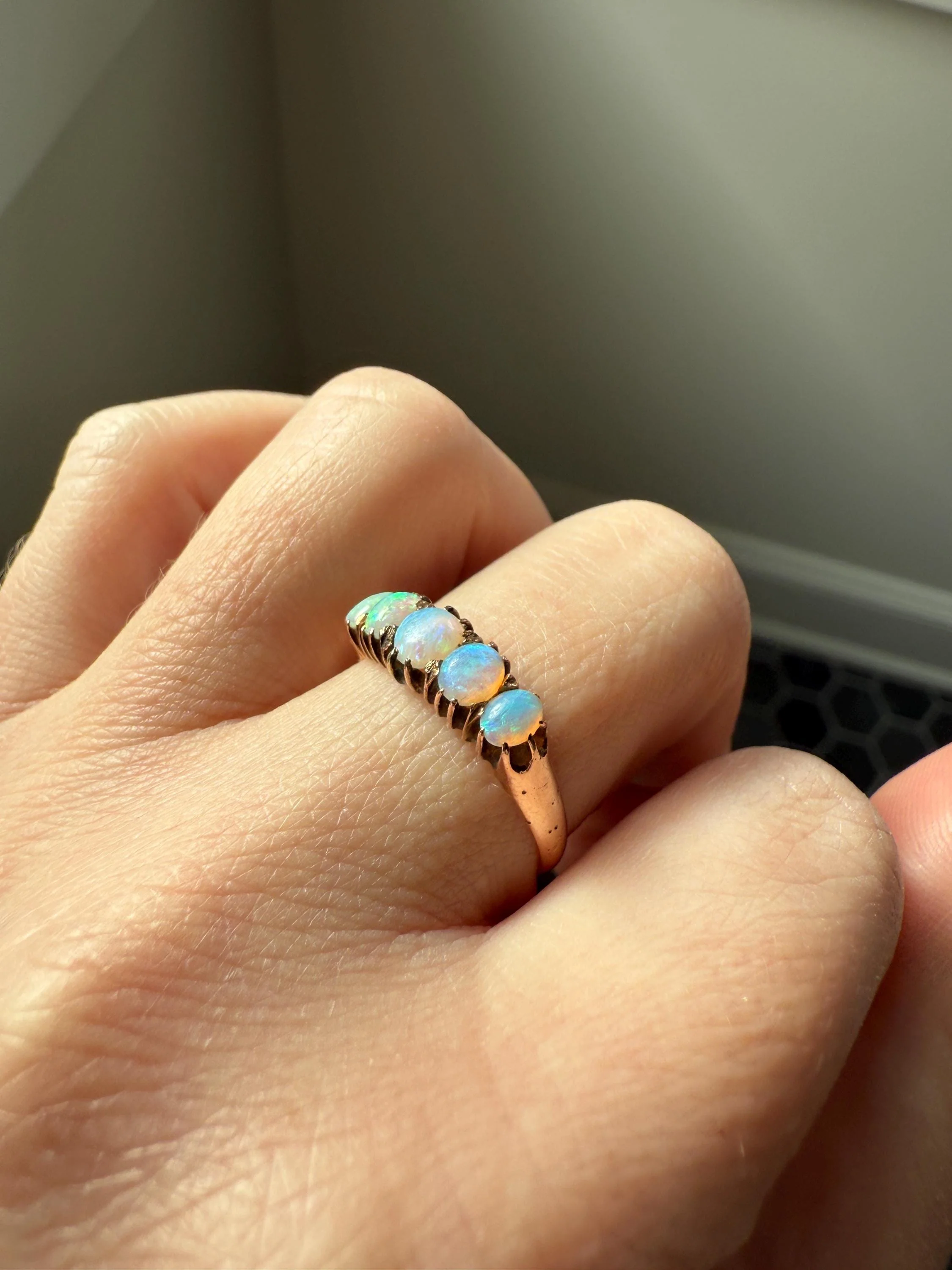 OPAL Antique Blue Five Stone Skinny Band Stacker Ring 14k Rose Gold Linear Edwardian Victorian Romantic Gift Geometric Minimalist Glowing - Image 9