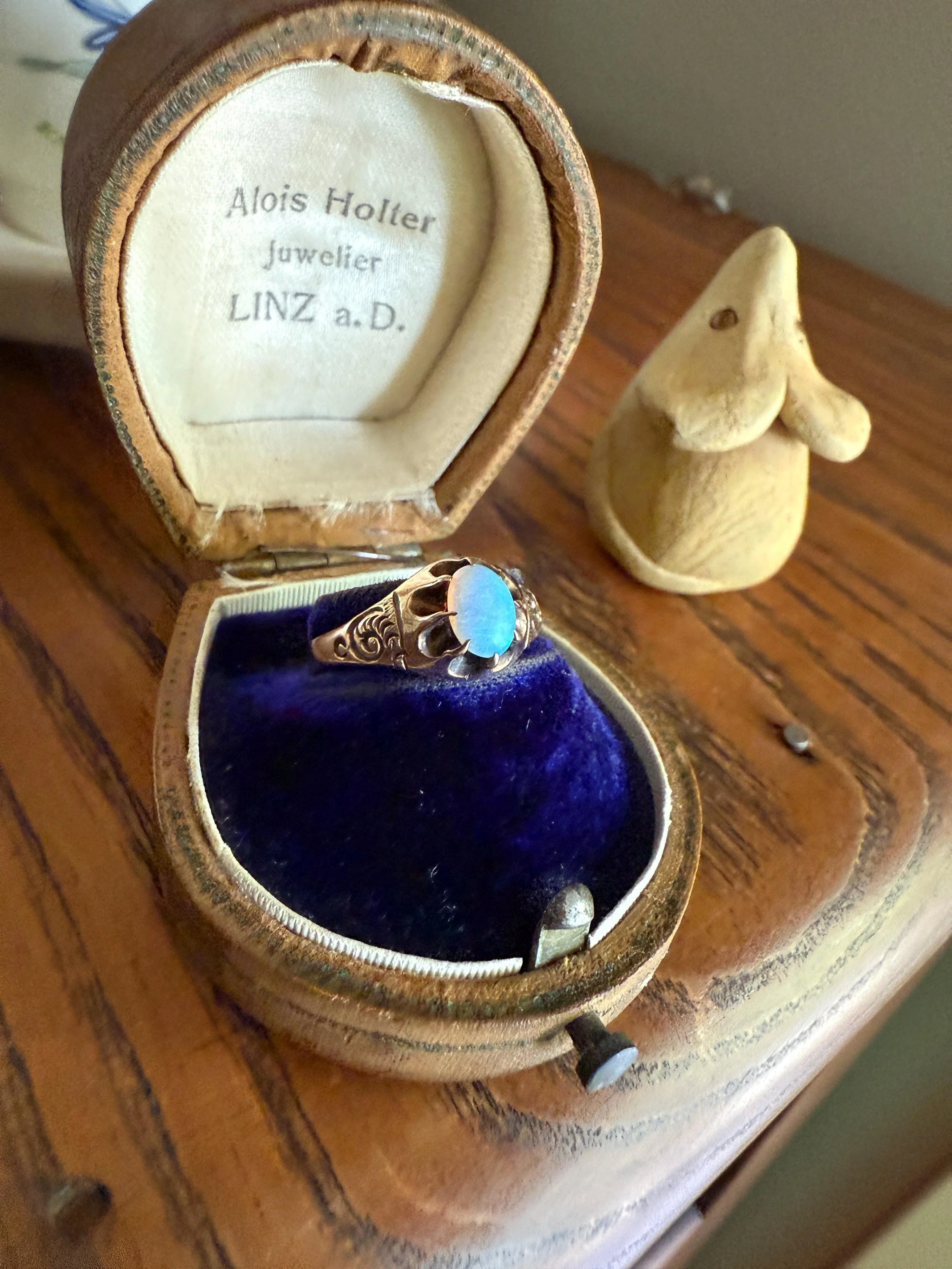 OPAL Blue Antique Oval Solitaire Ring 10k Rosy Gold Glowing Victorian A+ Color Swirls - Image 2