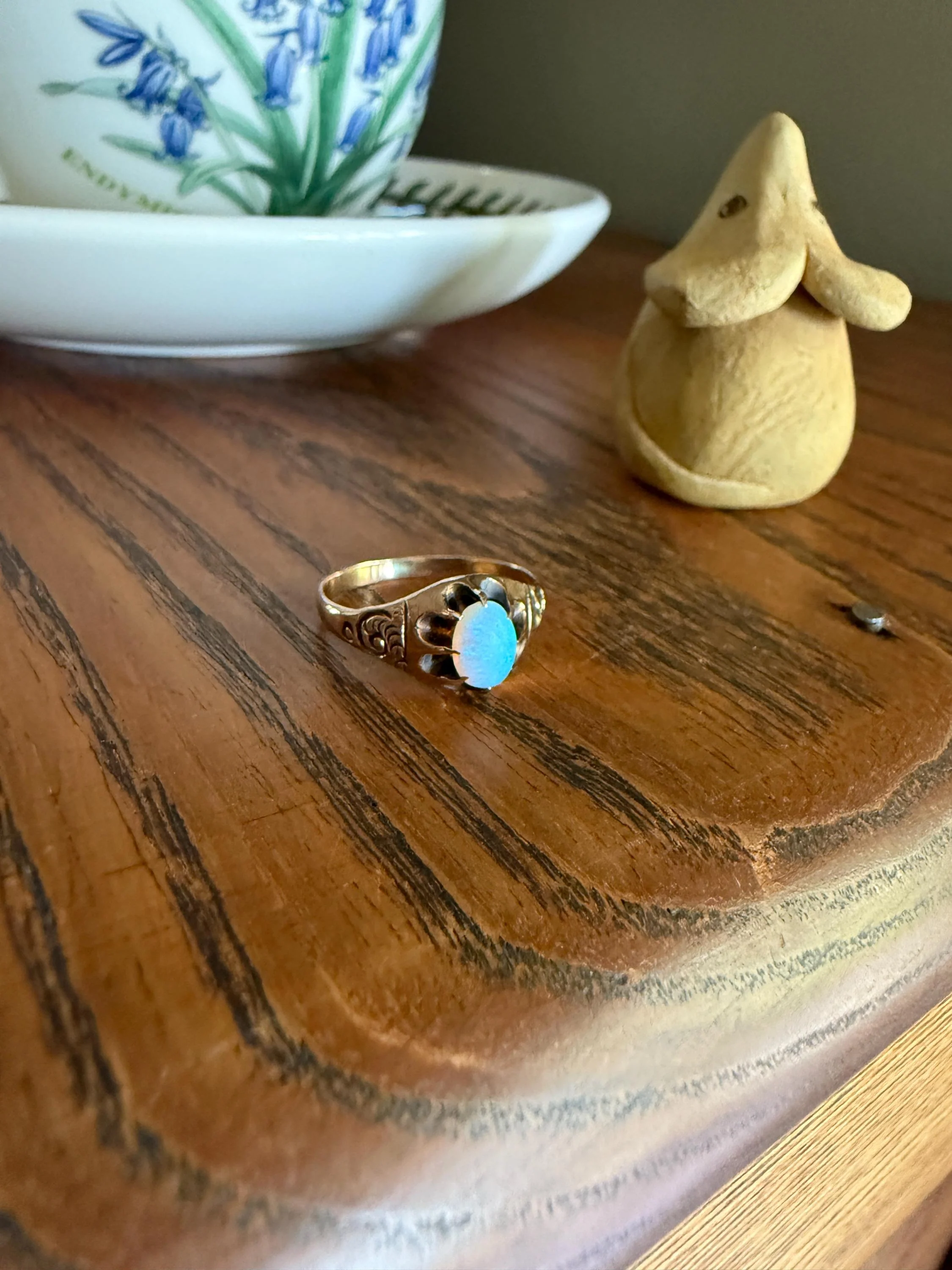 OPAL Blue Antique Oval Solitaire Ring 10k Rosy Gold Glowing Victorian A+ Color Swirls - Image 3