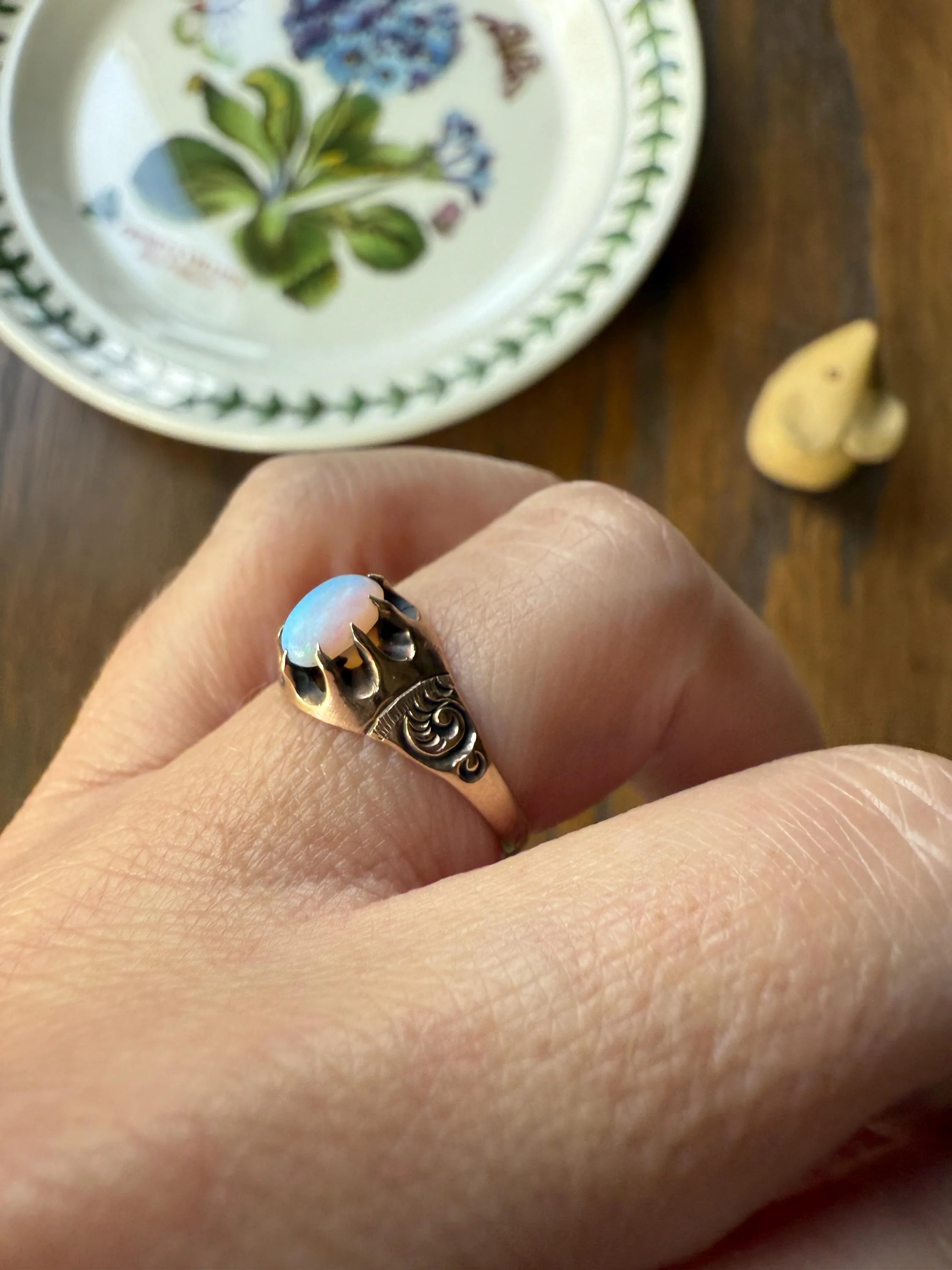 OPAL Blue Antique Oval Solitaire Ring 10k Rosy Gold Glowing Victorian A+ Color Swirls - Image 4