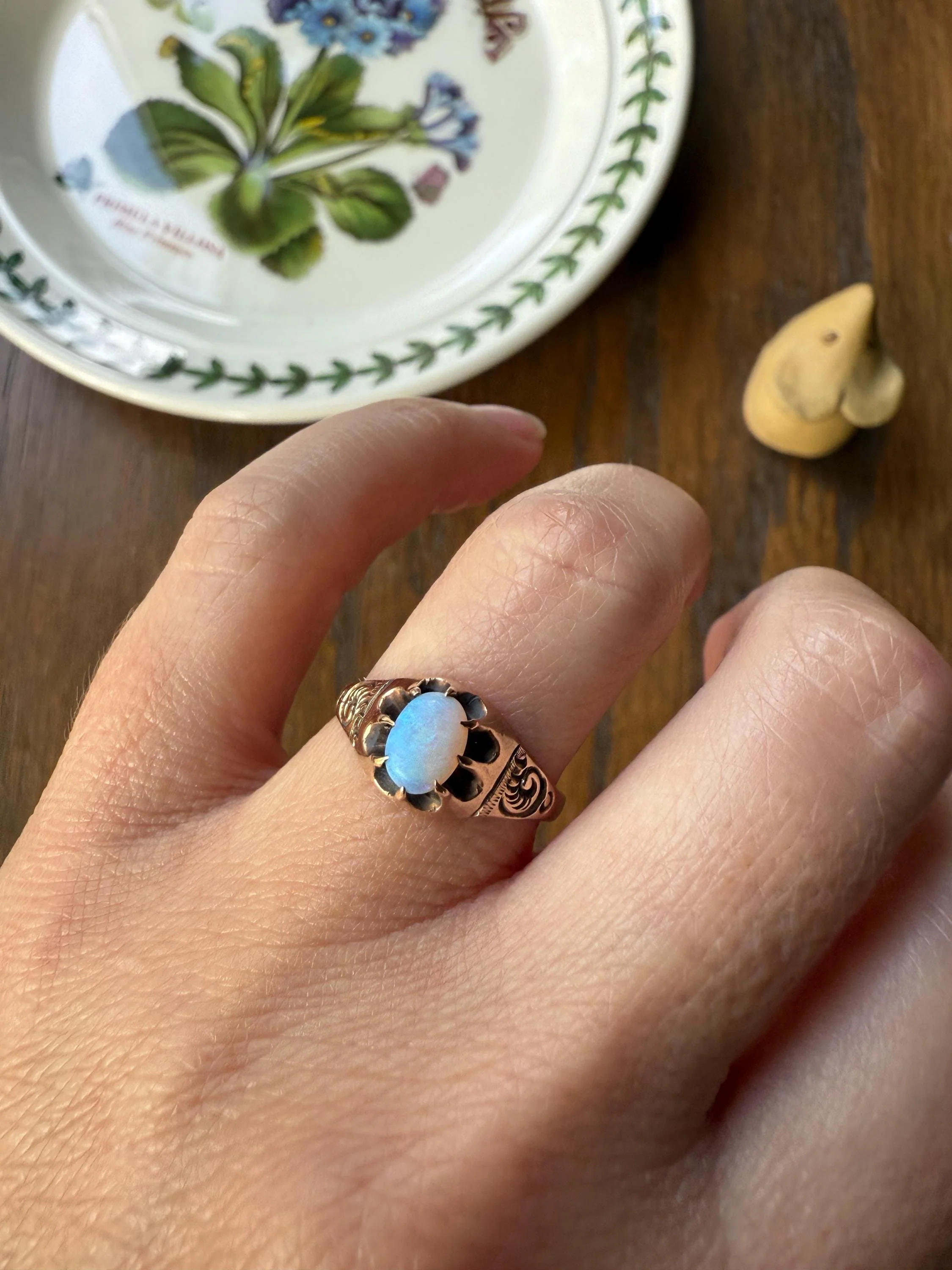 OPAL Blue Antique Oval Solitaire Ring 10k Rosy Gold Glowing Victorian A+ Color Swirls - Image 6