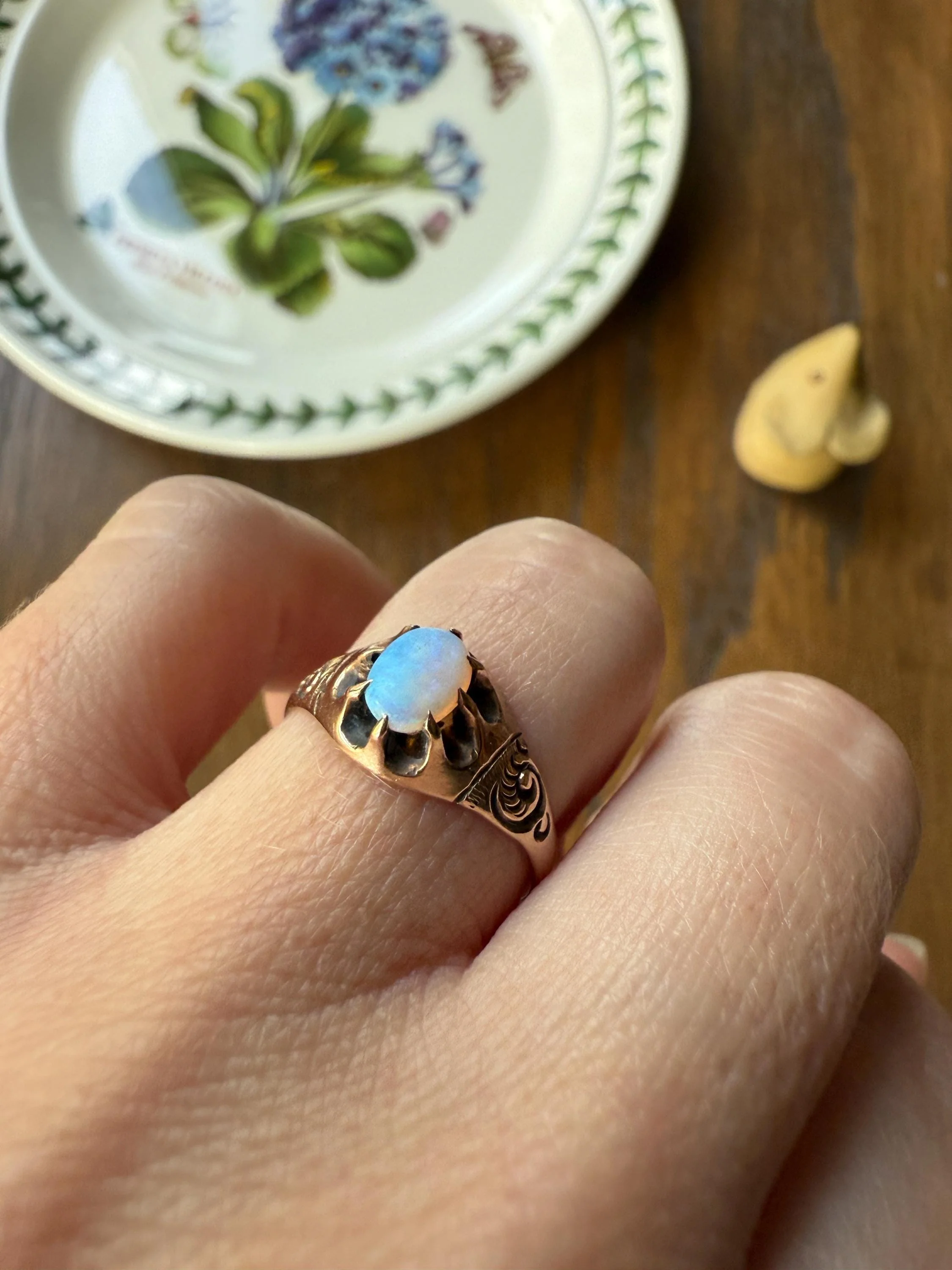 OPAL Blue Antique Oval Solitaire Ring 10k Rosy Gold Glowing Victorian A+ Color Swirls - Image 9