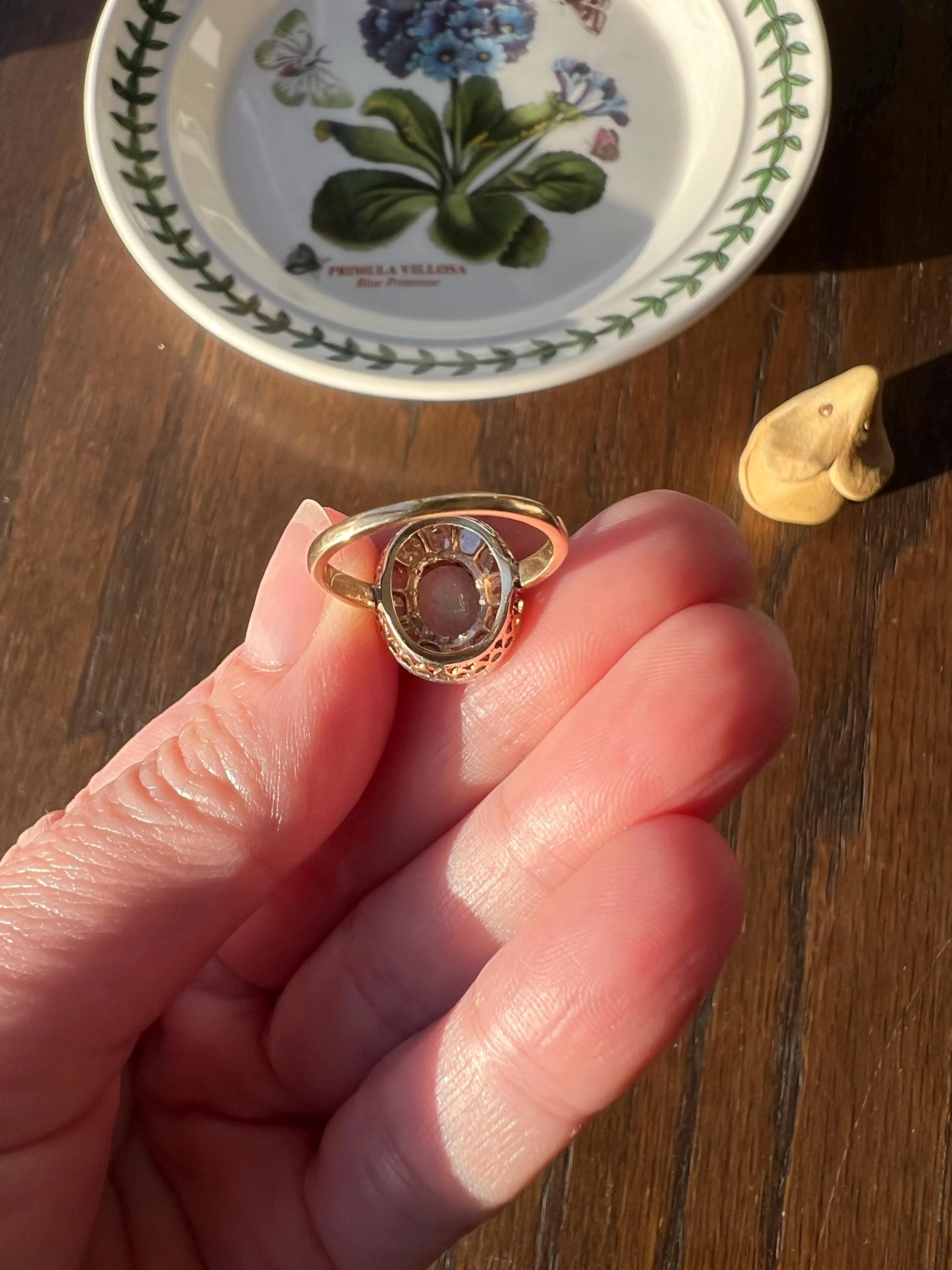 OPAL Rose Cut DIAMOND Halo Antique 18k Gold Ring Cluster Iridescent Blue Green Stacker - Image 10