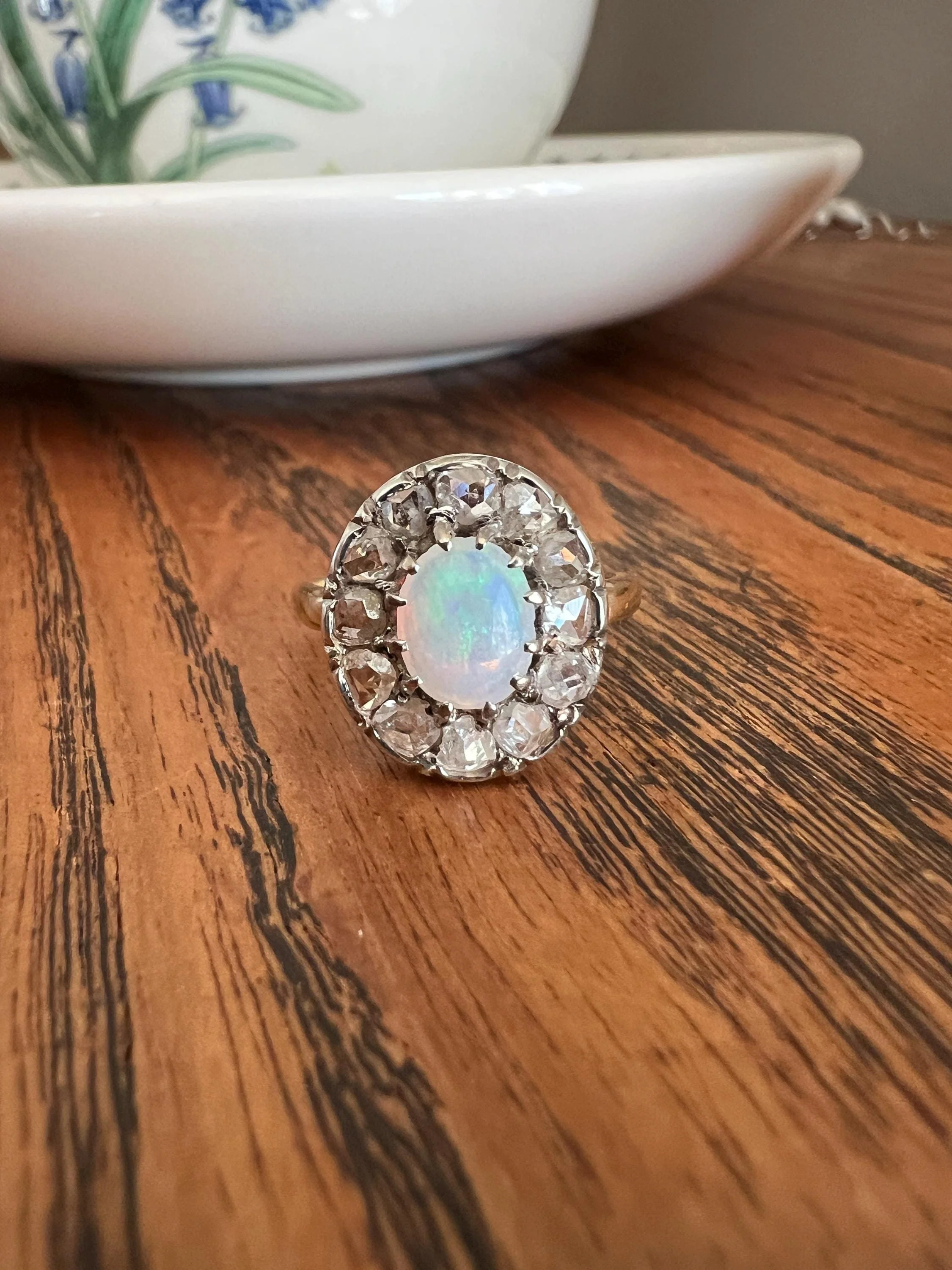OPAL Rose Cut DIAMOND Halo Antique 18k Gold Ring Cluster Iridescent Blue Green Stacker - Image 11