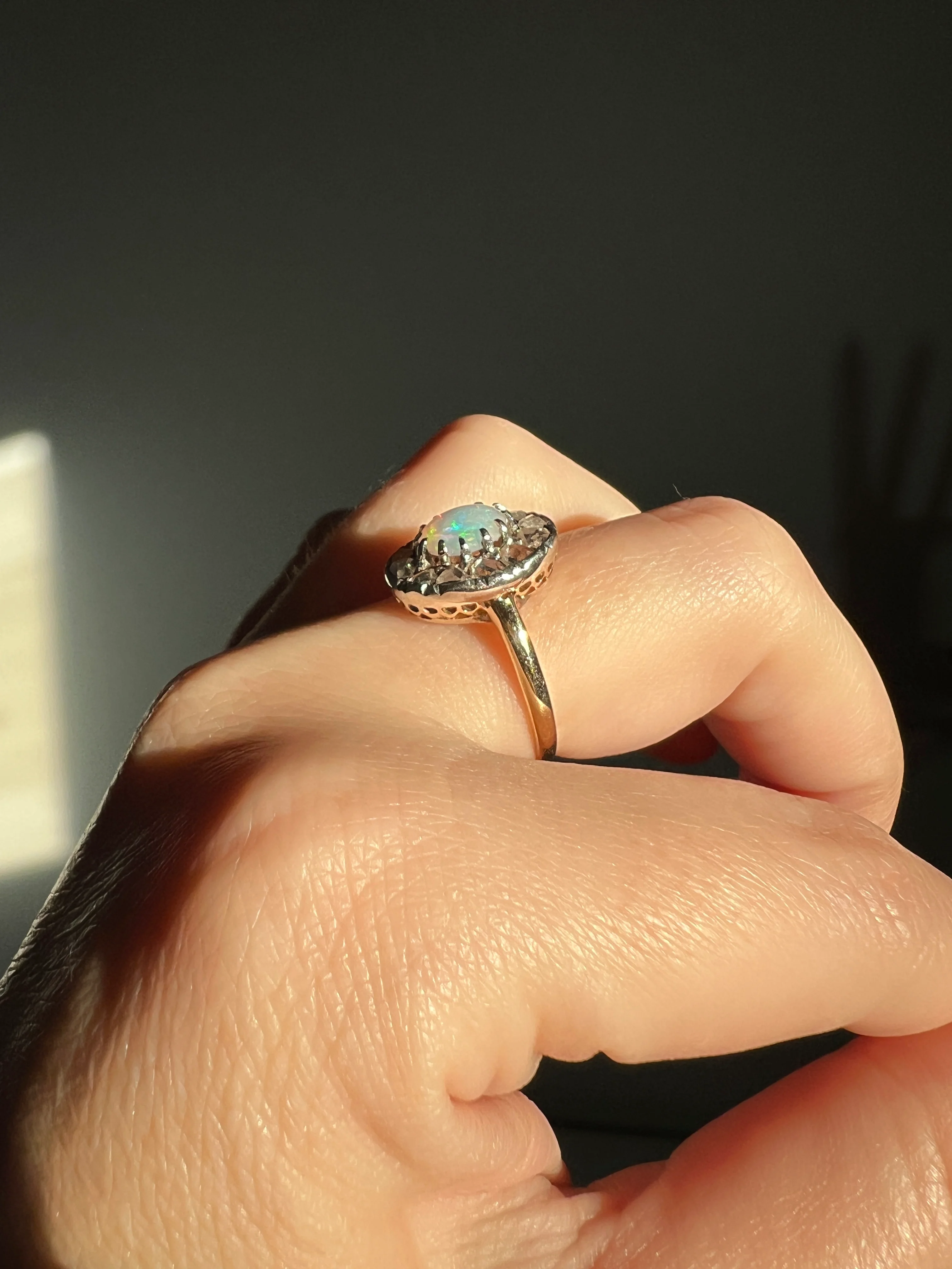 OPAL Rose Cut DIAMOND Halo Antique 18k Gold Ring Cluster Iridescent Blue Green Stacker - Image 12