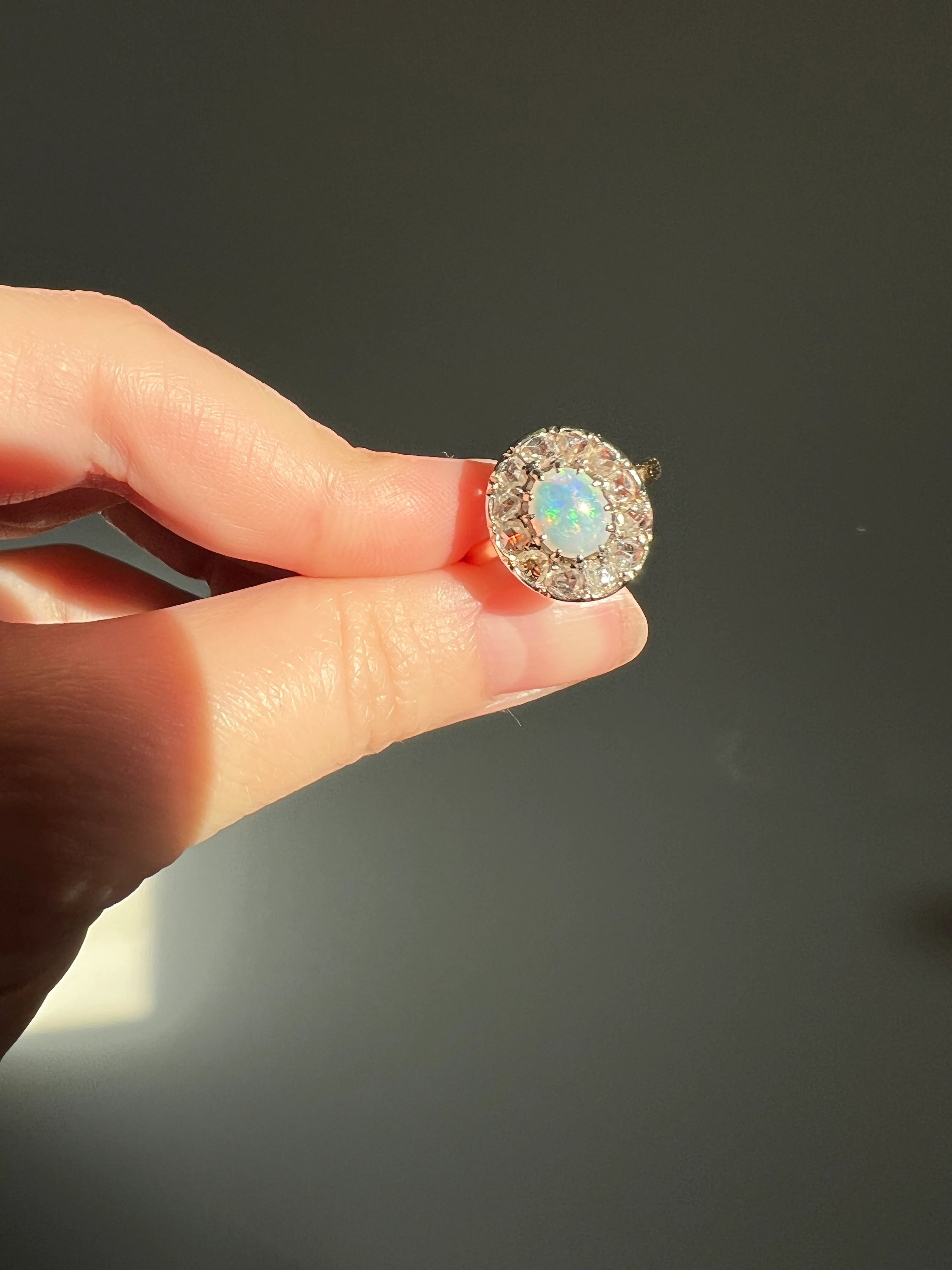 OPAL Rose Cut DIAMOND Halo Antique 18k Gold Ring Cluster Iridescent Blue Green Stacker - Image 13
